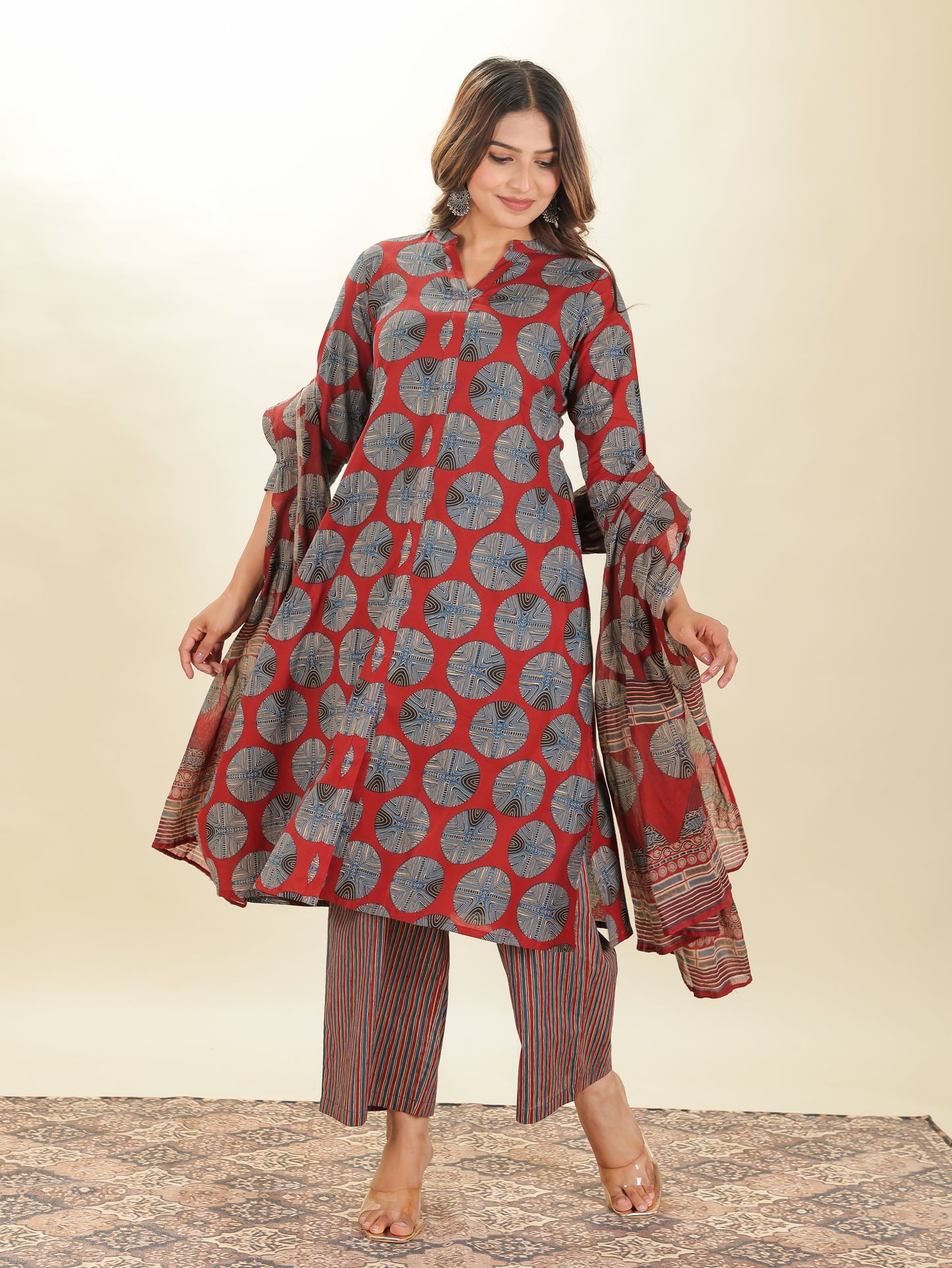 Soft Cotton Geometric A-line Red Kurta