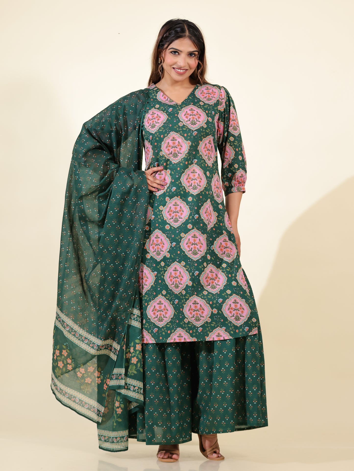 Soft Cotton Floral Green Dupatta