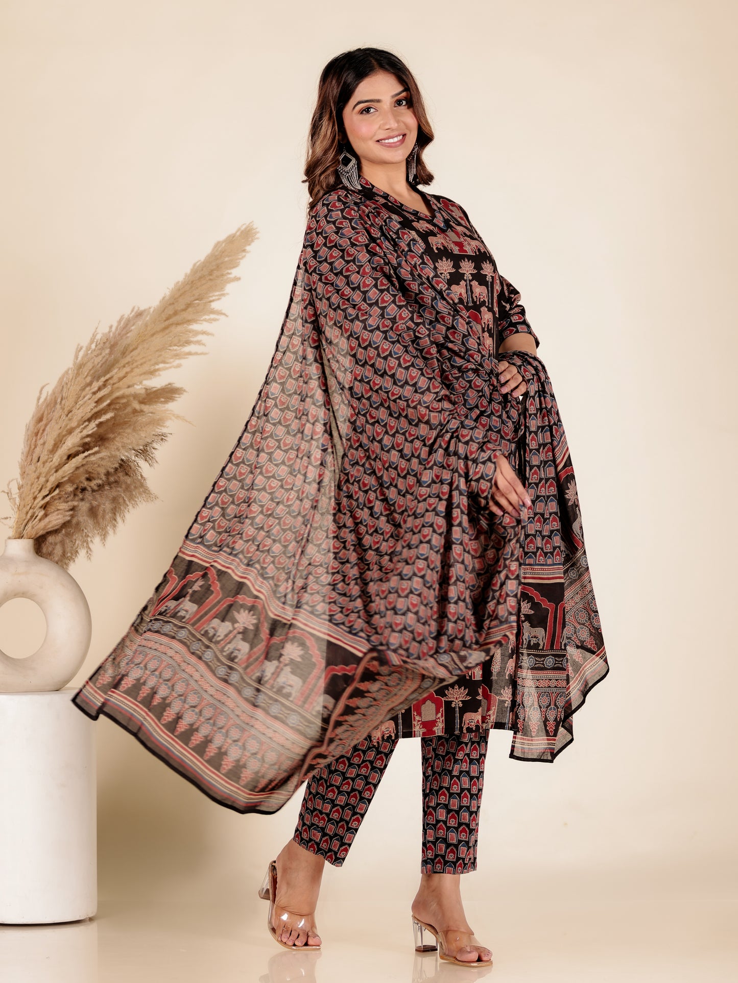 Cotton Voile Mughal Print Black Dupatta