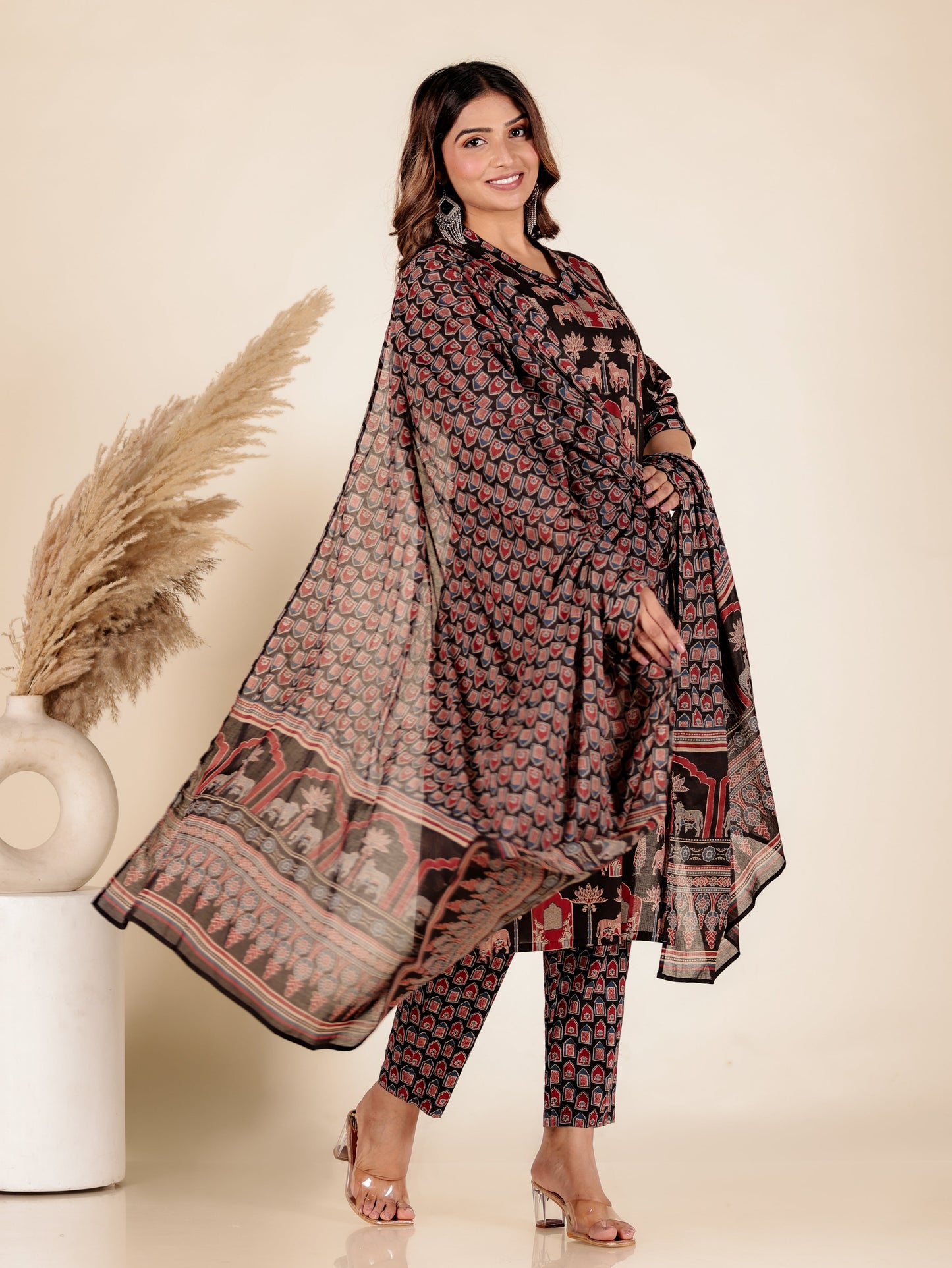Cotton Voile Mughal Print Black Dupatta