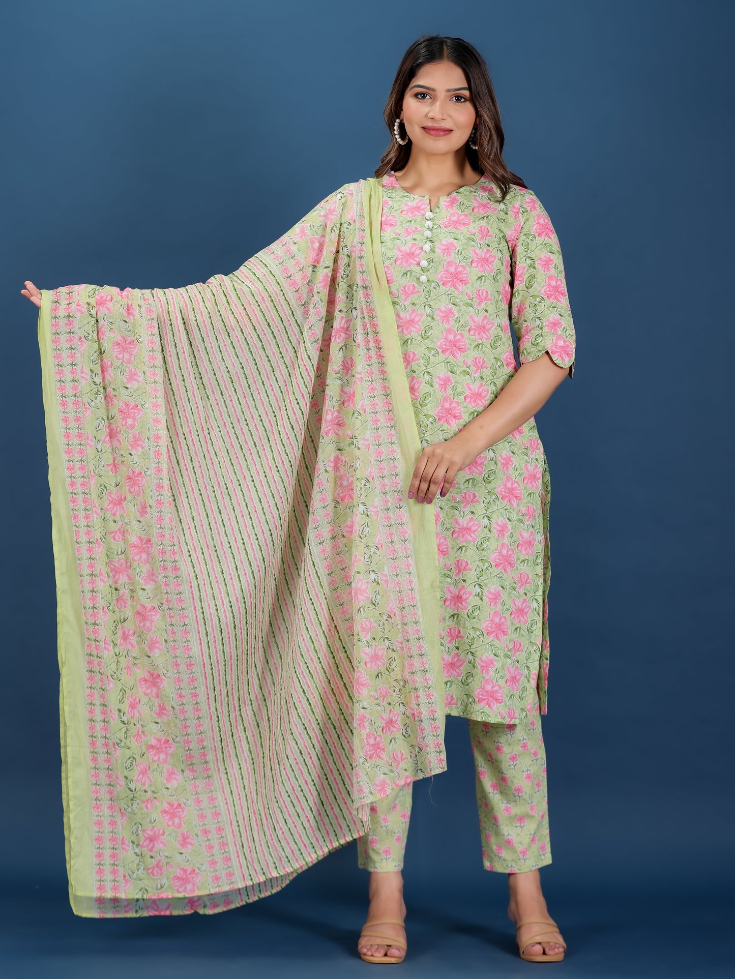 Voile Cotton Floral Green Dupatta