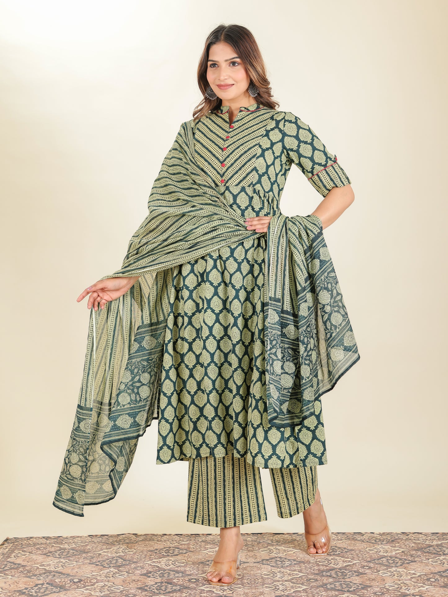 Voile Cotton Striped Green Dupatta