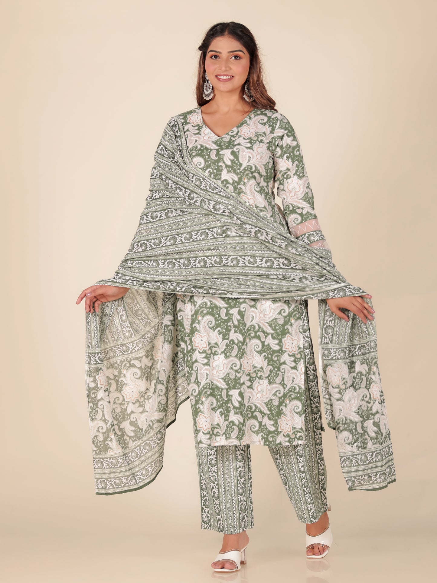 Cotton Voile Floral Green Dupatta