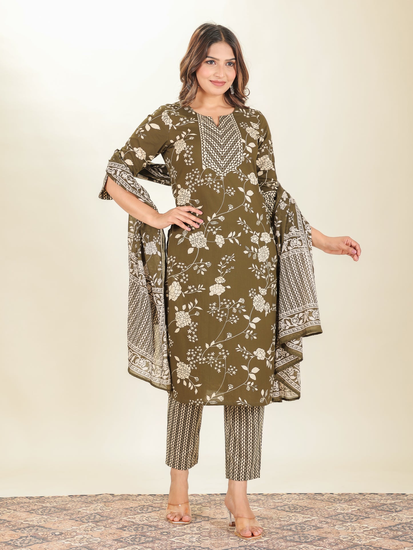 Voile Cotton Floral Green Dupatta