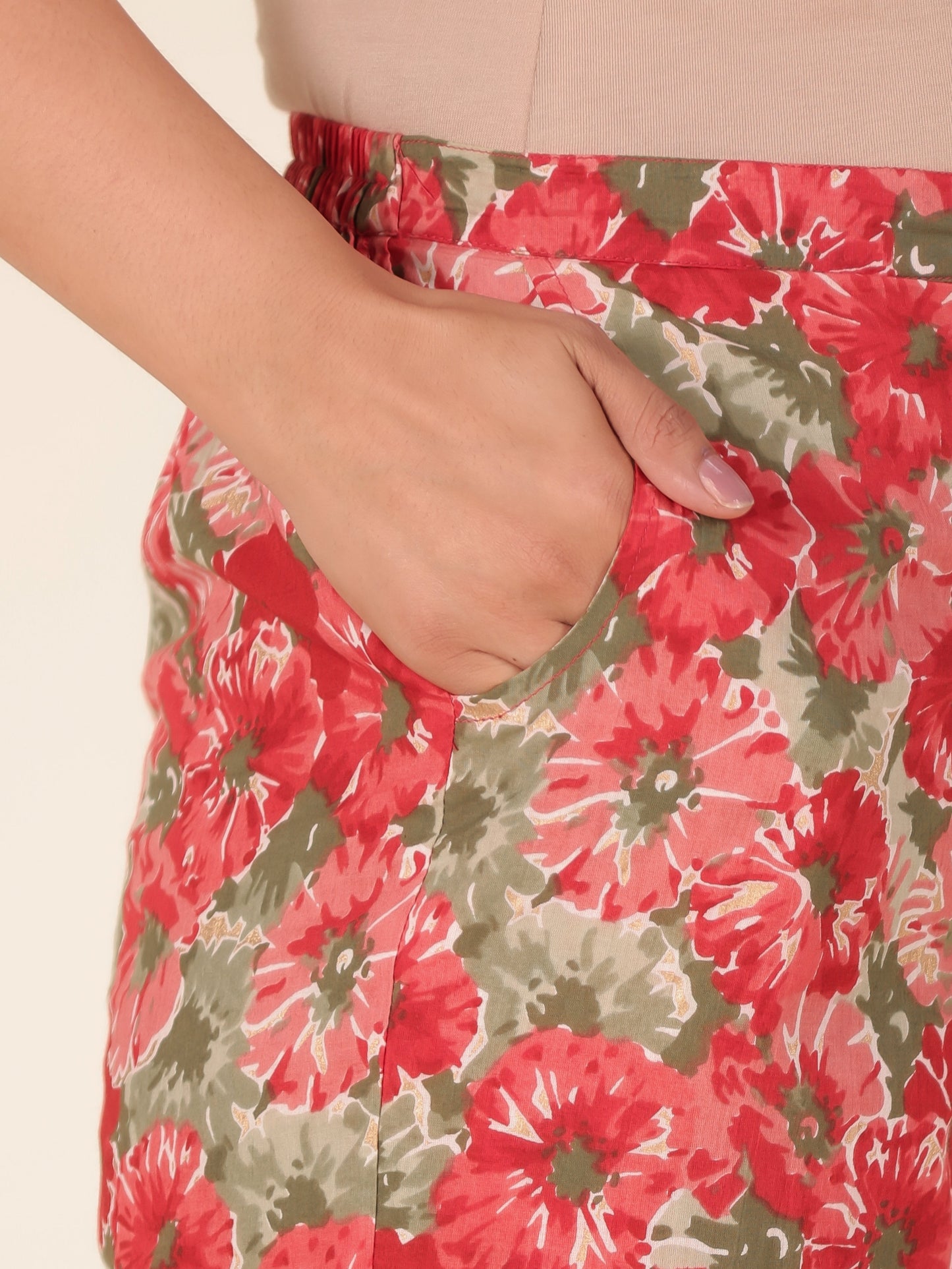 Soft Cotton Floral Red Tapered Trousers