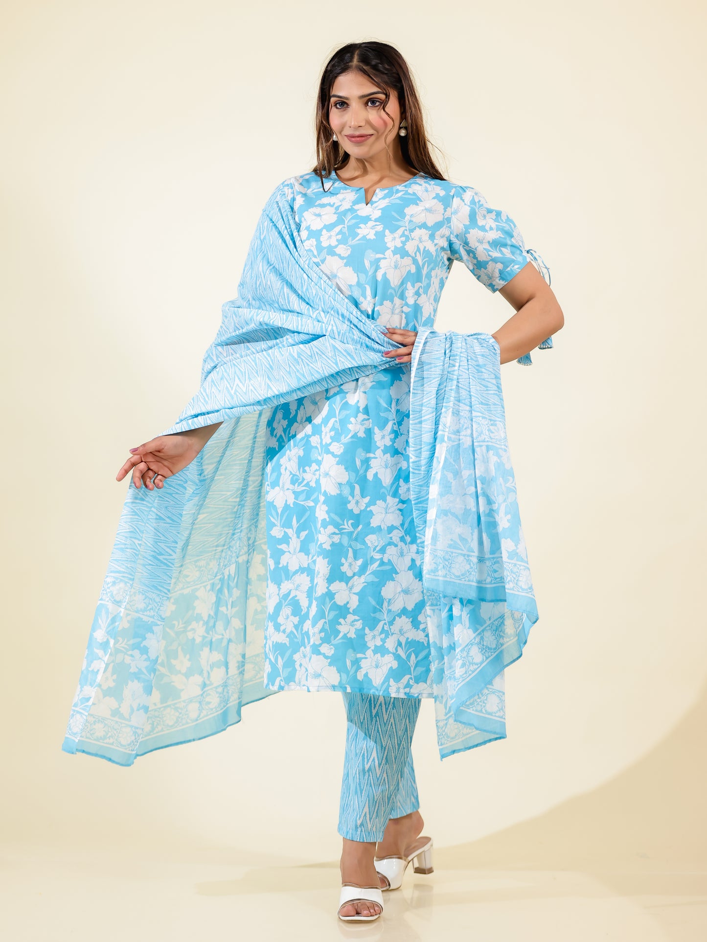 Voile Cotton Chevron Blue Dupatta