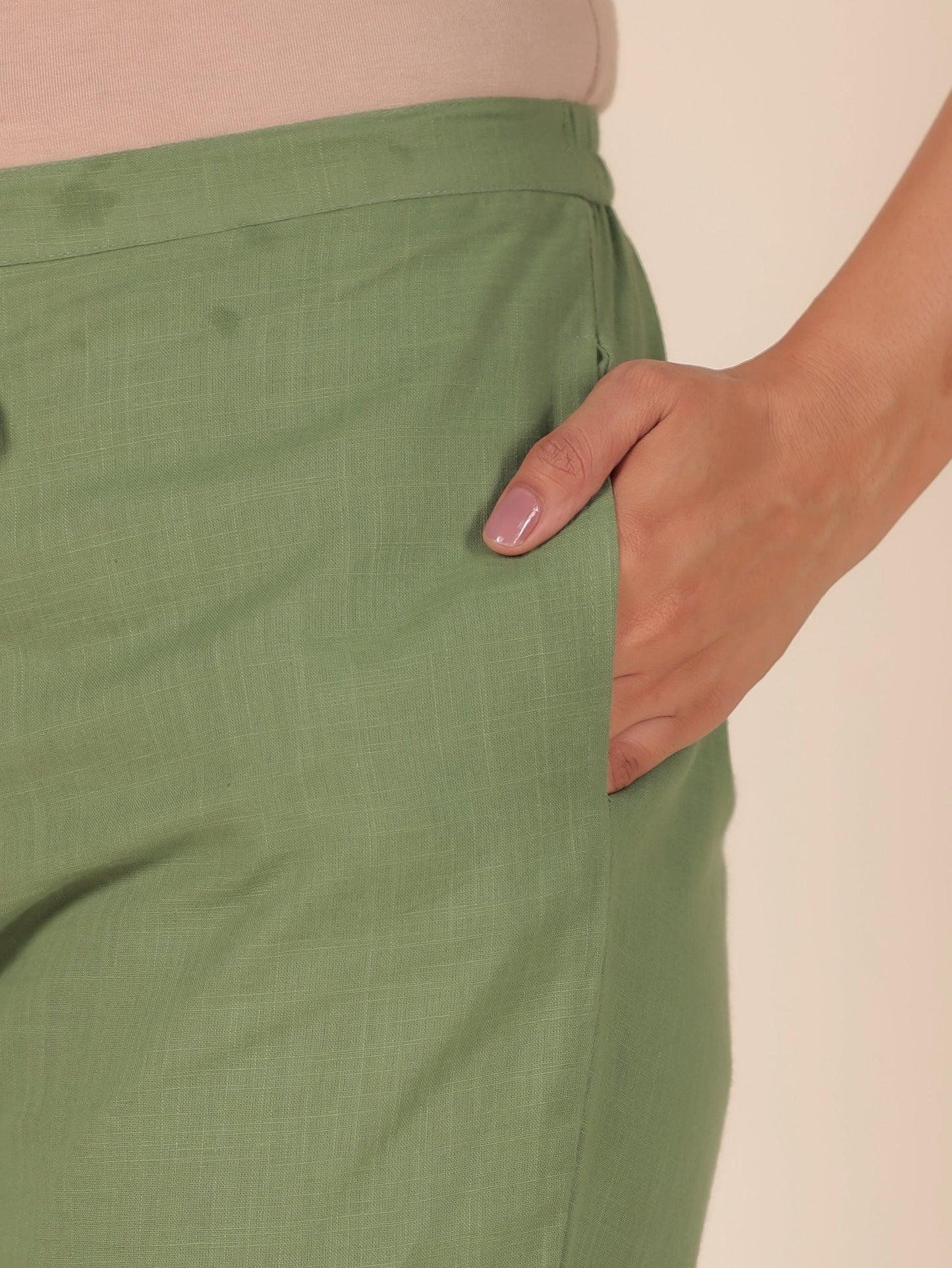 Natural Cotton Solid Green Tapered Trousers
