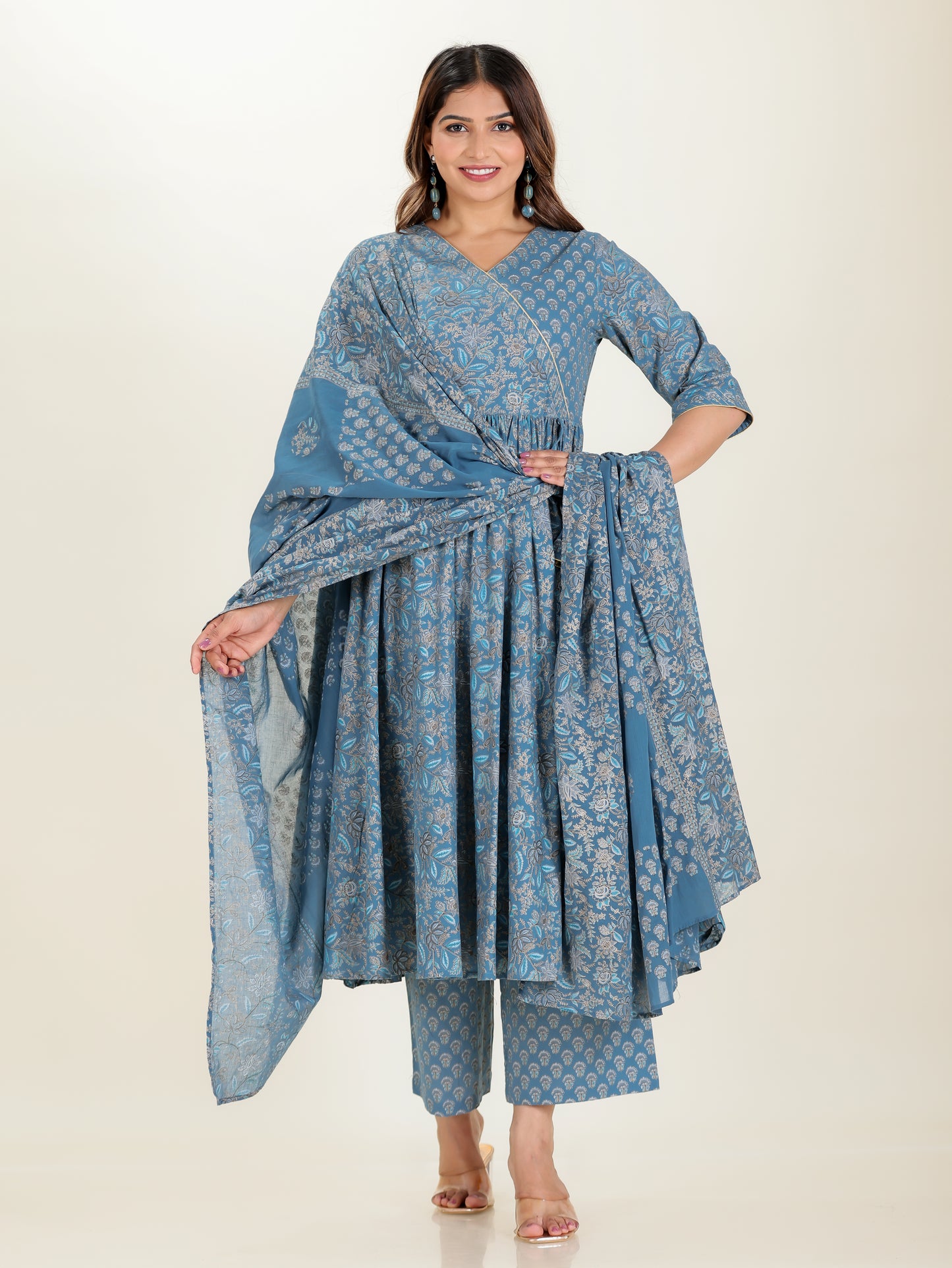 Embroidered Soft Cotton Gold foil Angrakha Teal Kurta