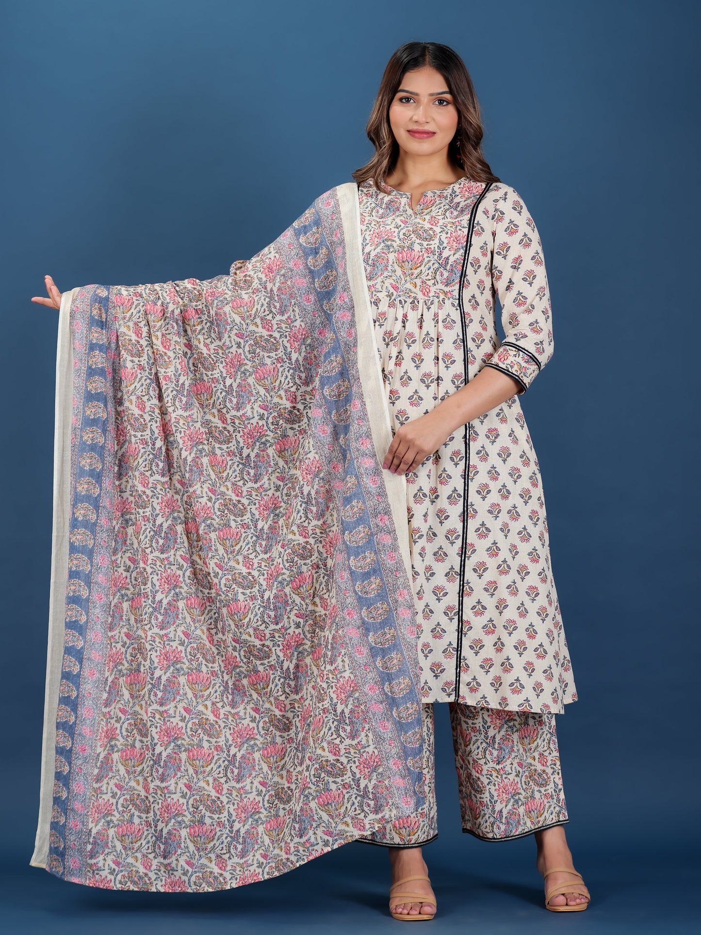 Cotton Voile Block Print Cream Dupatta