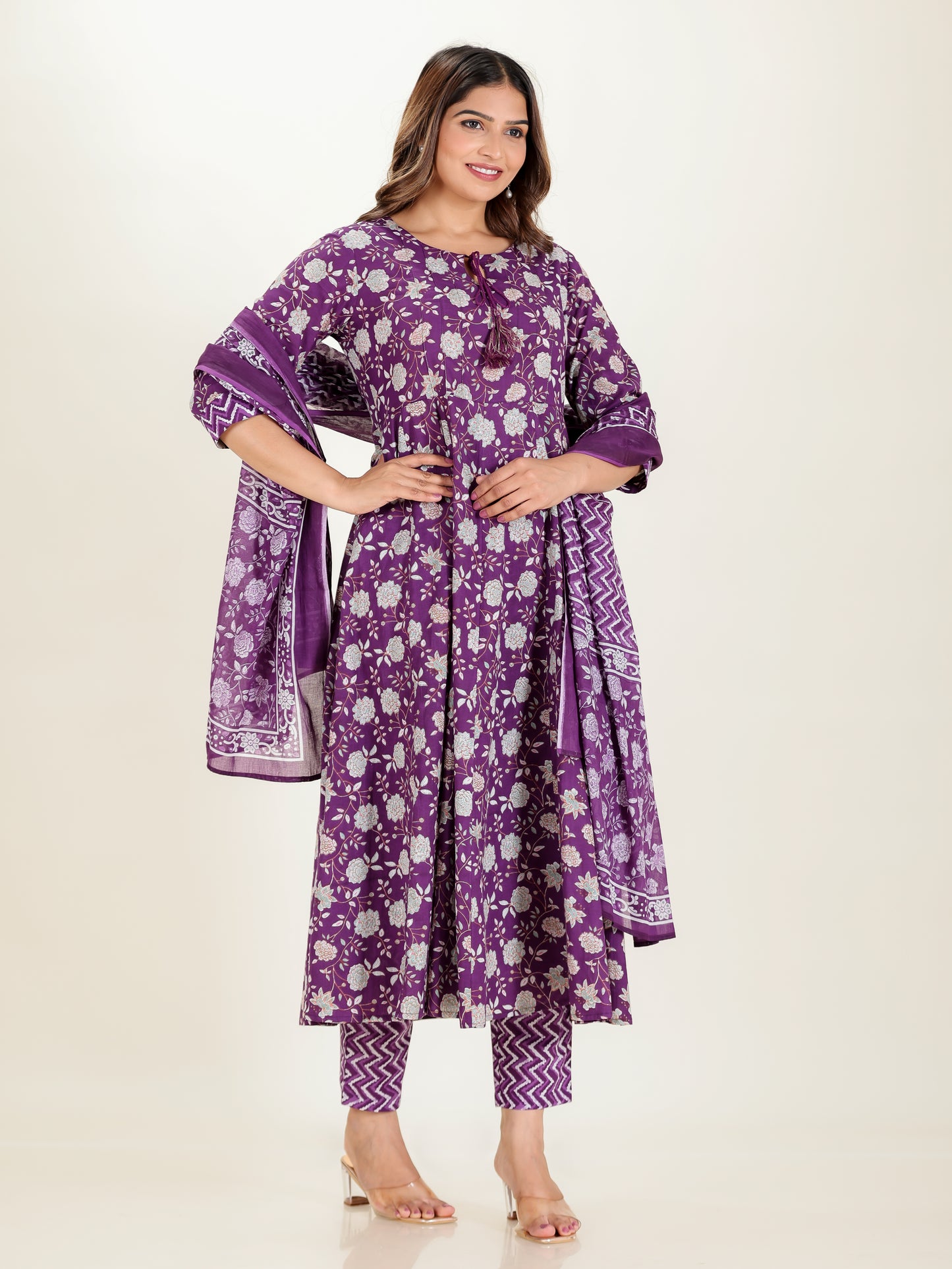 Soft Cotton Floral Flared Purple Kurta