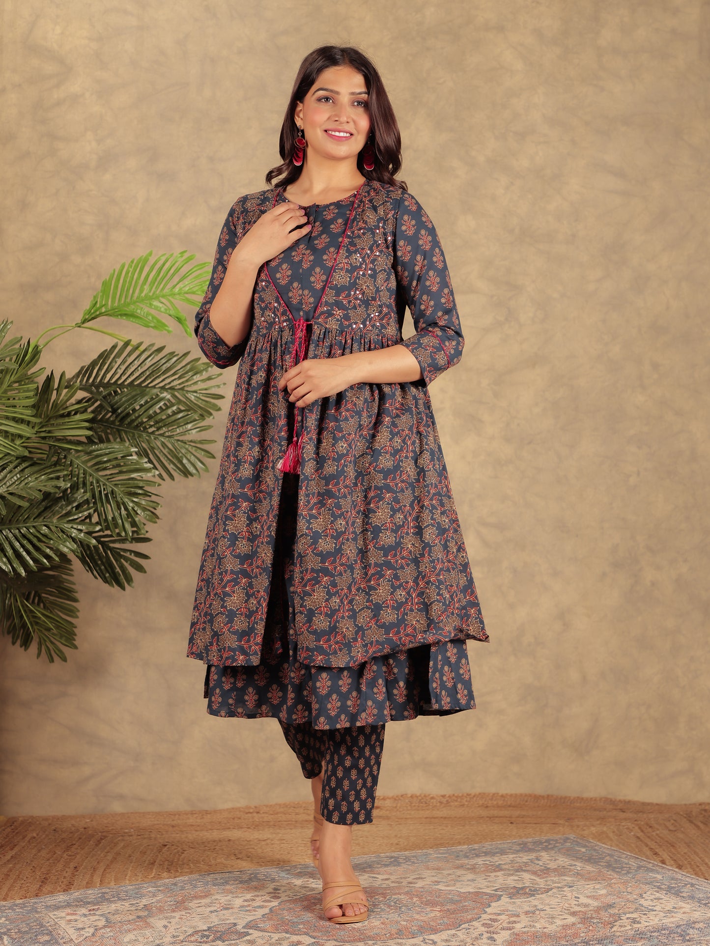 Embroidered Soft Cotton Ajrakh Navy Blue Jacket
