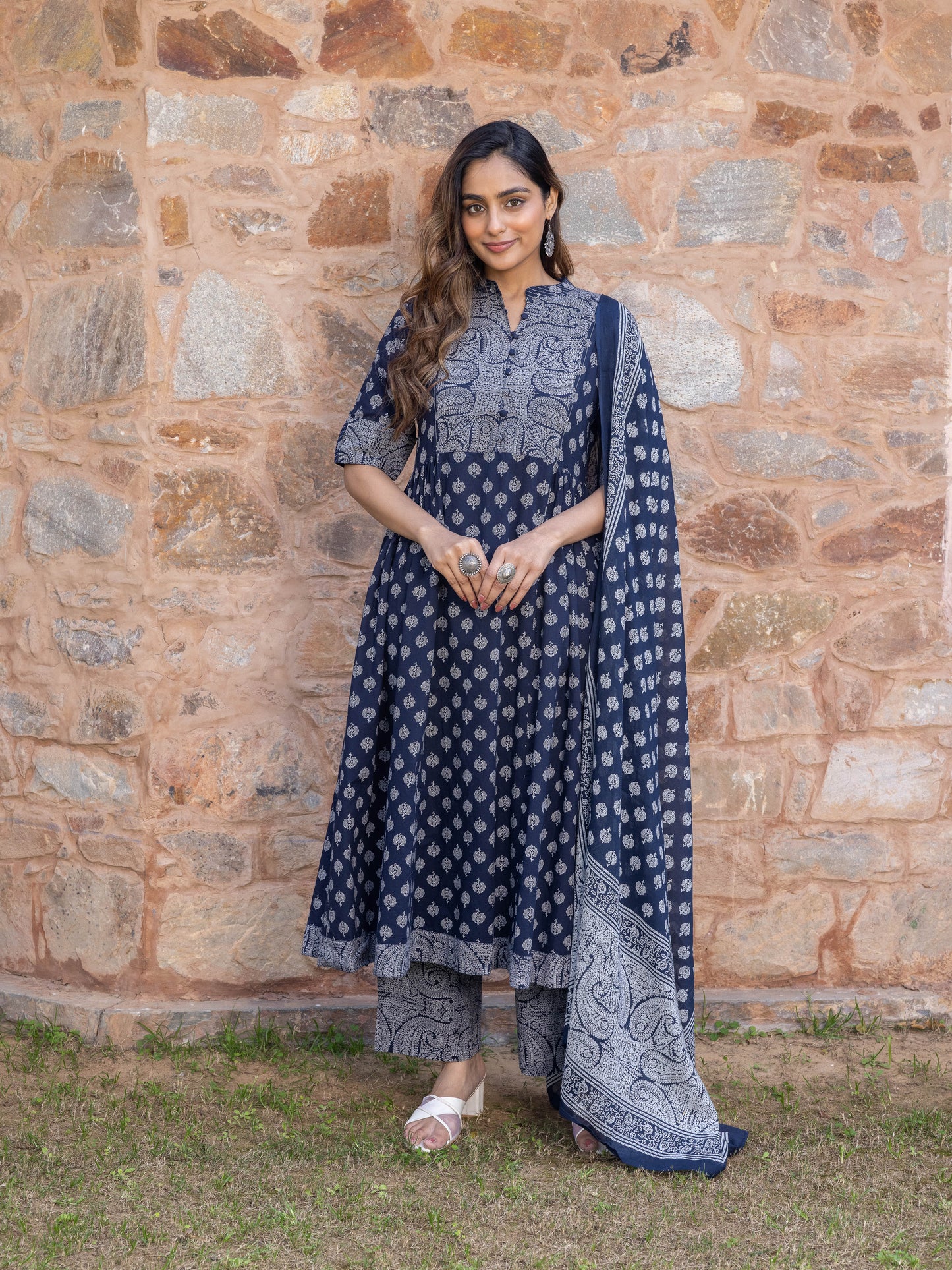 Embroidered Soft Cotton Butti Flared Navy Blue Kurta