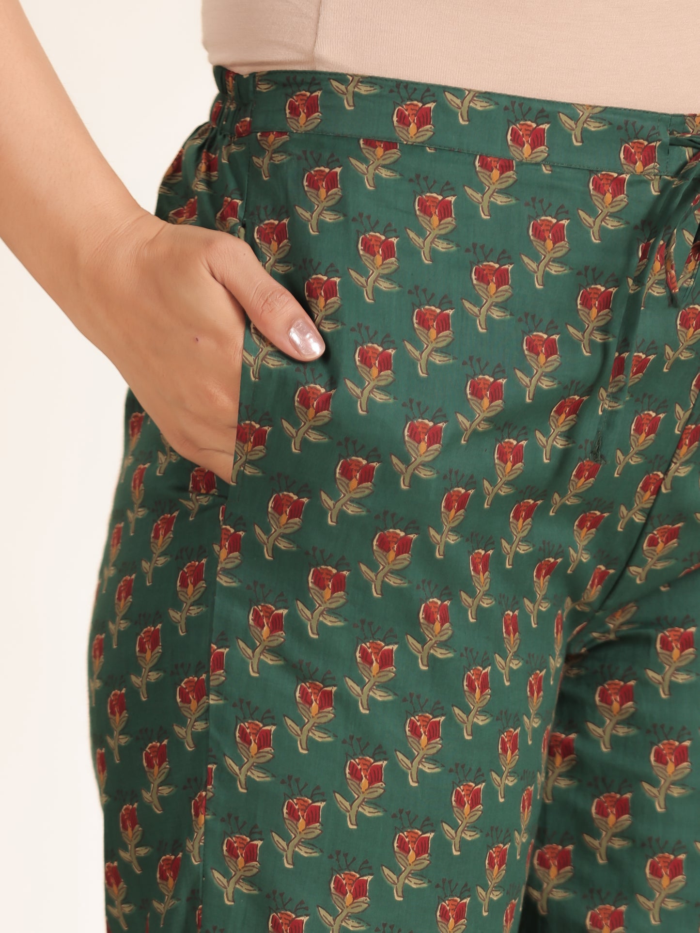 Soft Cotton Block Print Green Tapered Trousers
