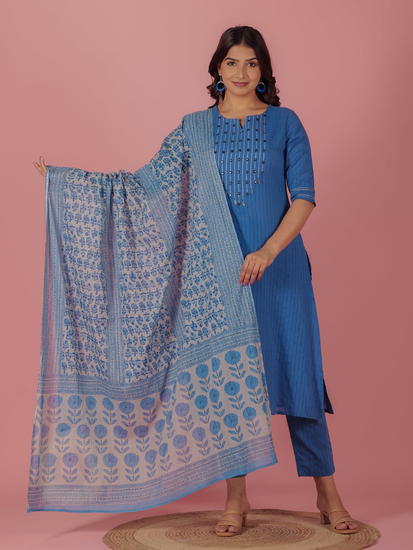 Cotton Voile Floral Blue Dupatta