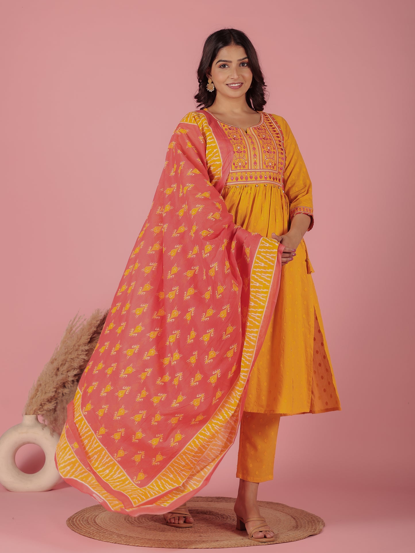 Embroidered Textured Cotton Solid Flared Yellow Kurta