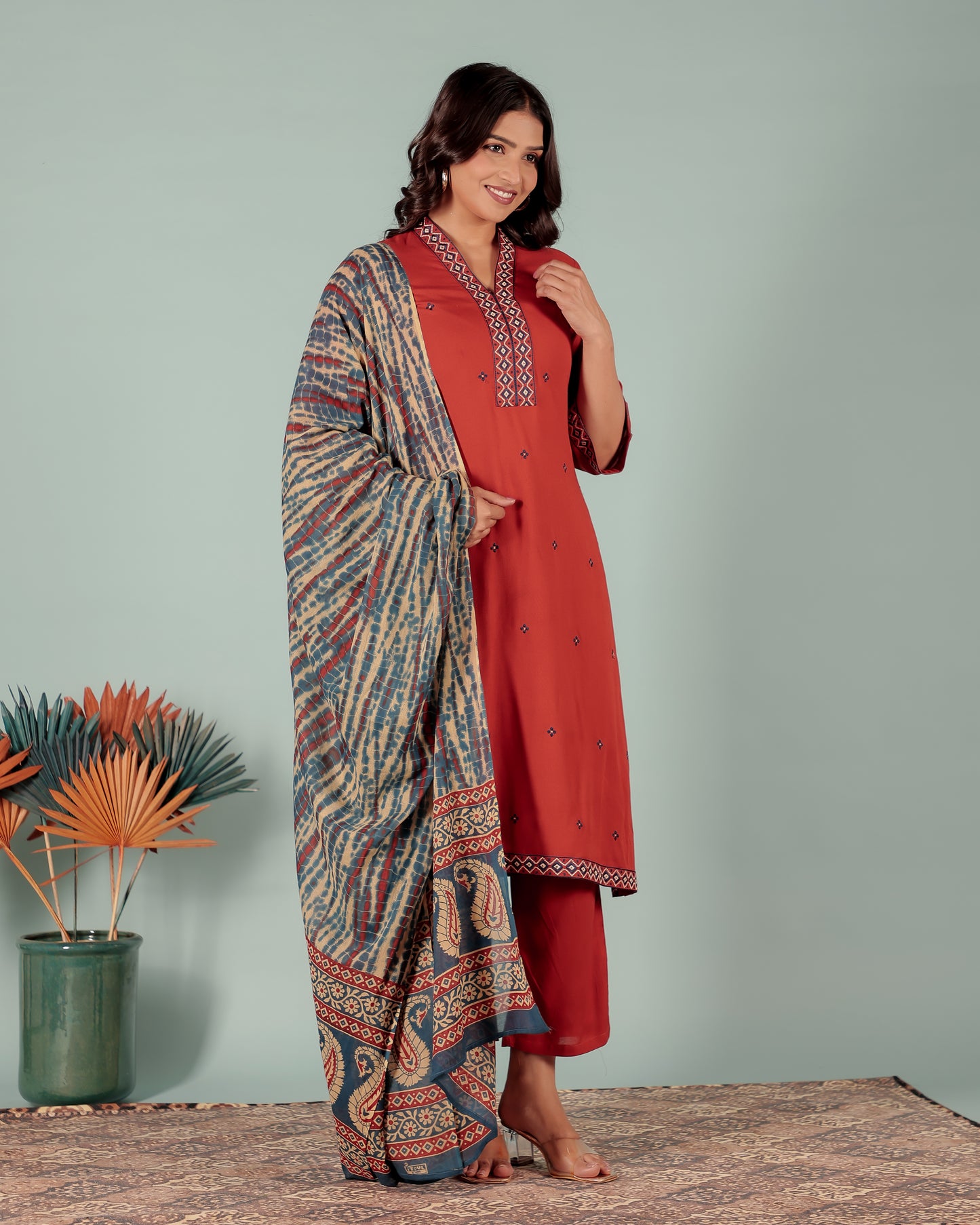 Embroidered Viscose Solid Straight Rust Kurta