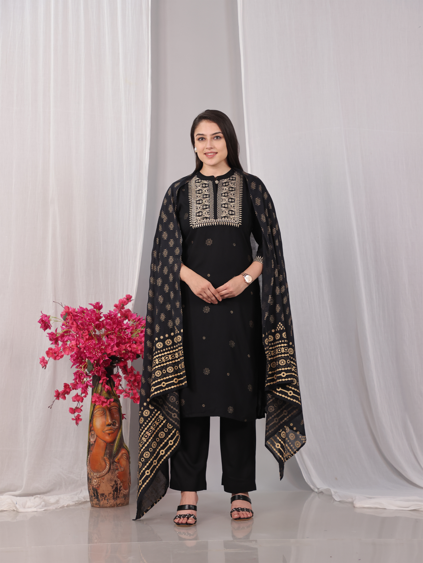 Embroidered Cotton Voile Gold Foil Black Dupatta