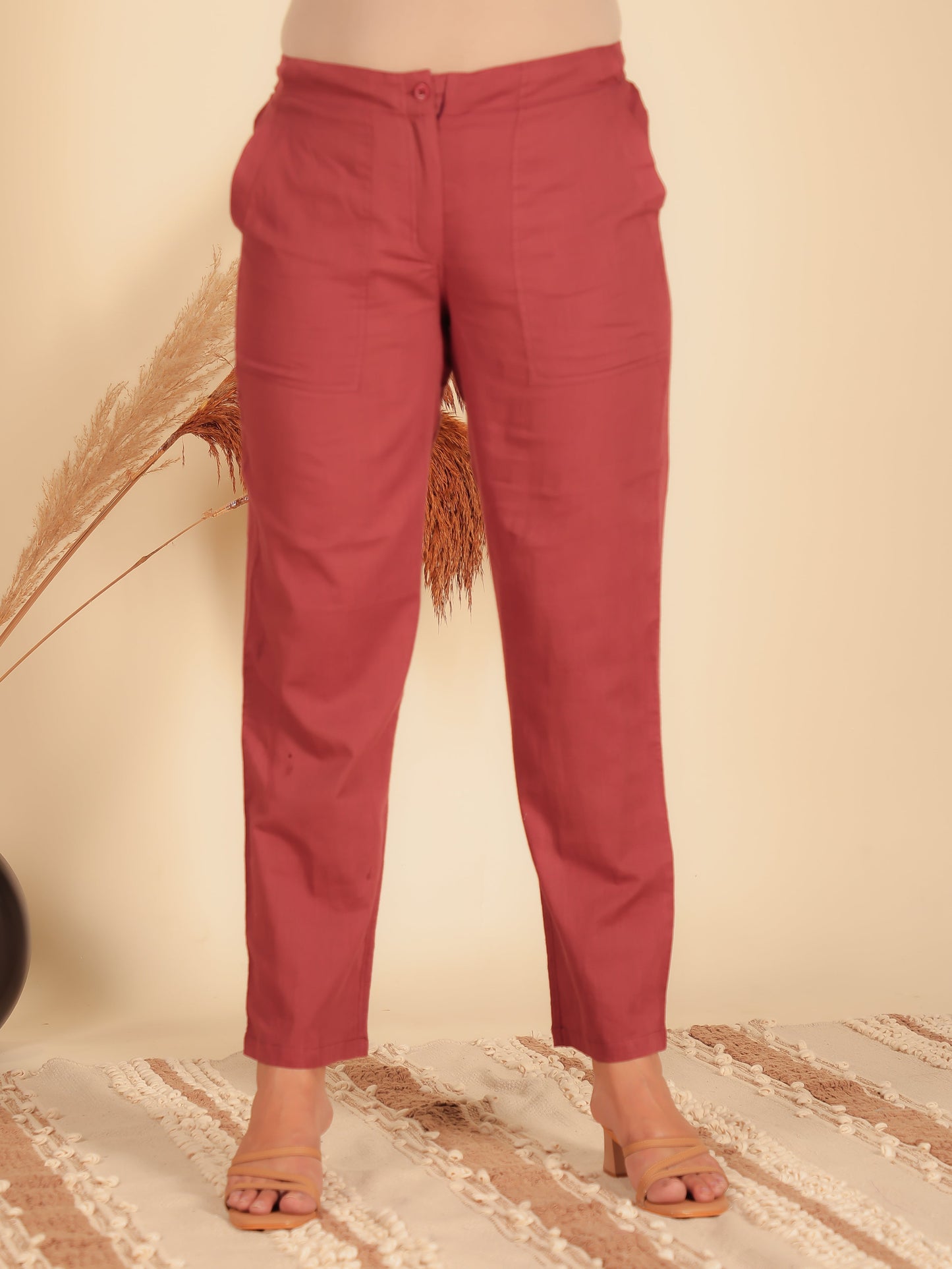 Natural Cotton Solid Maroon Tapered Trousers