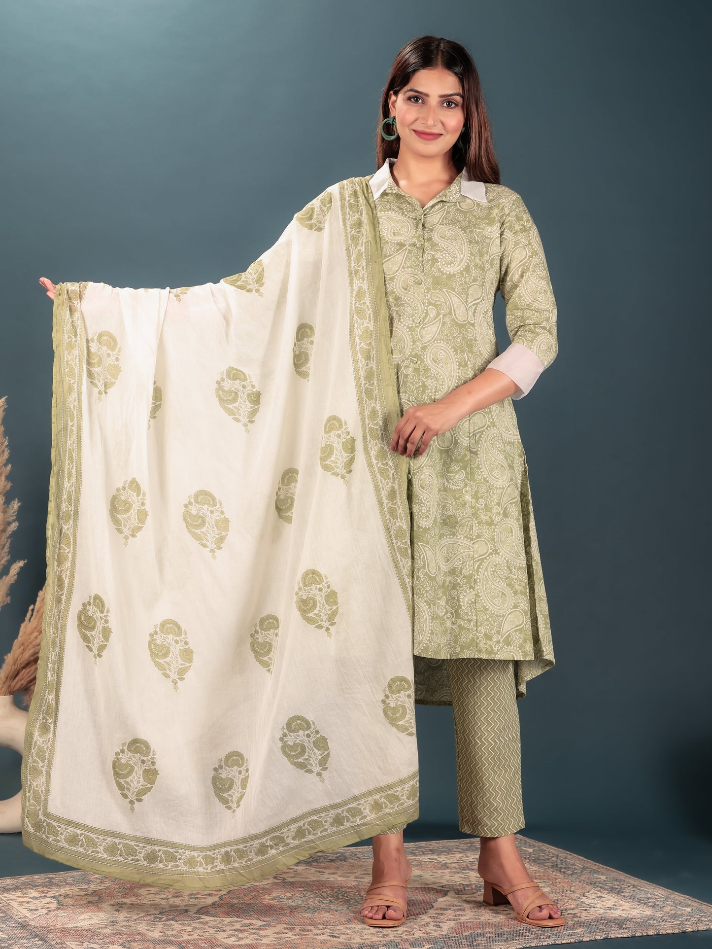 Voile Cotton Floral Green Dupatta