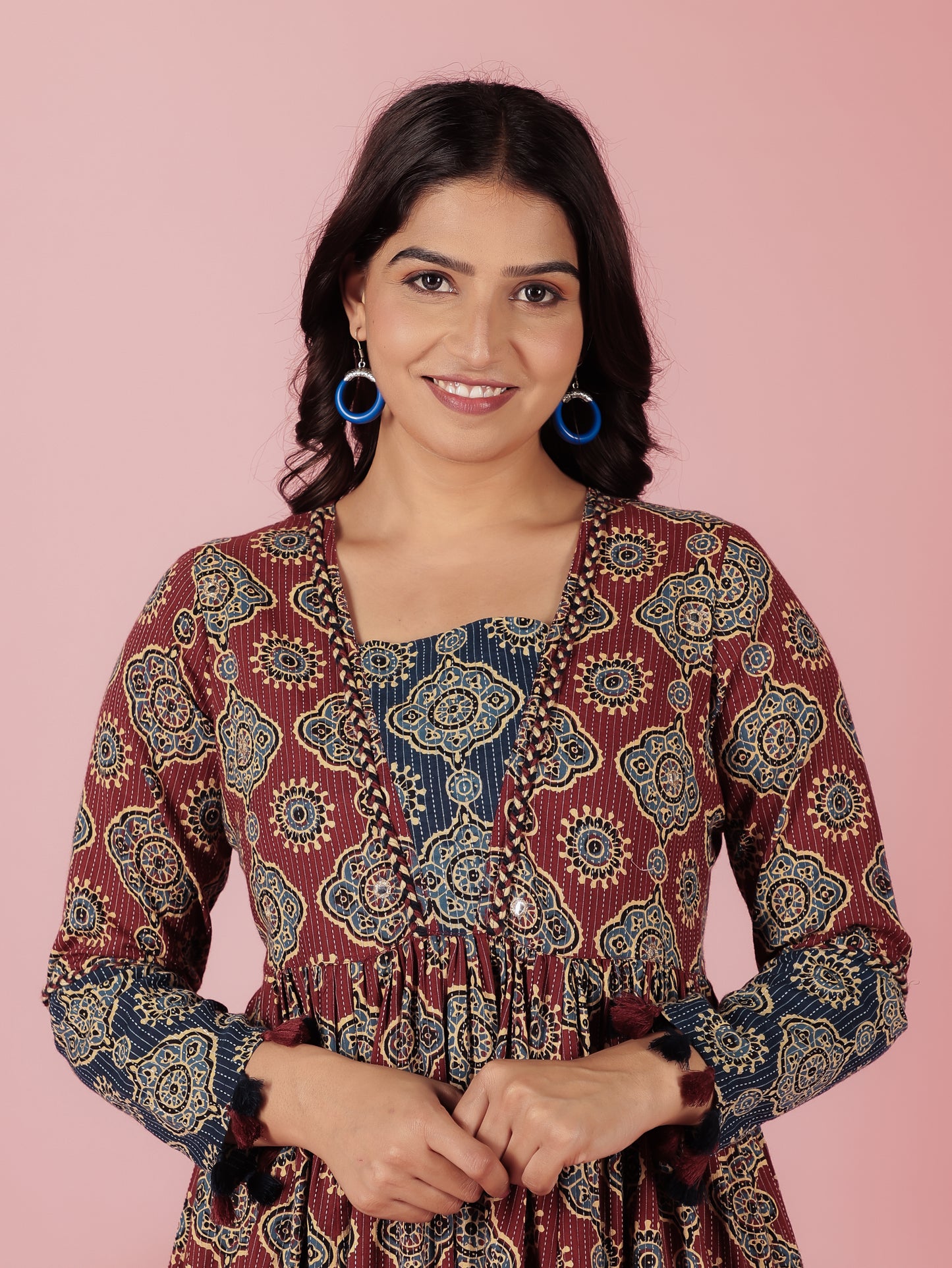 Embroidered Kantha Cotton Geometric Anarkali Rust Dress