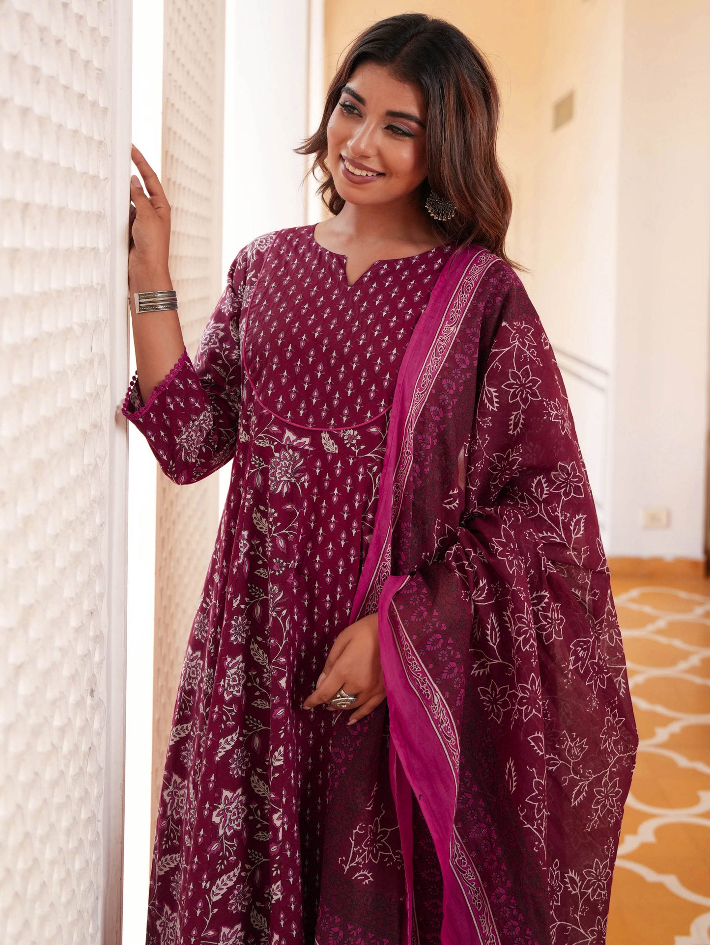 Cotton Voile Floral Maroon Dupatta
