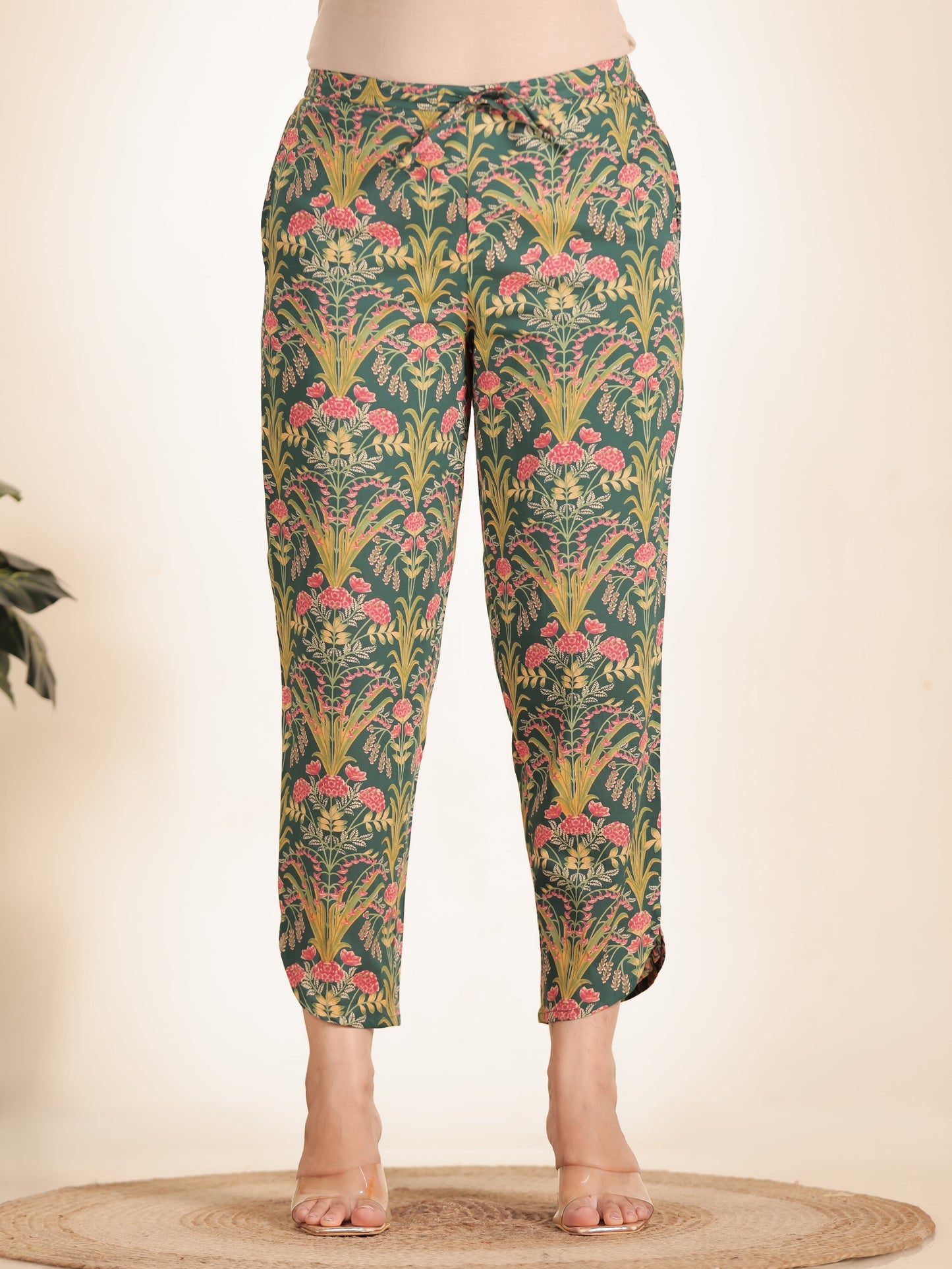 Soft Cotton Floral Green Tapered Trousers