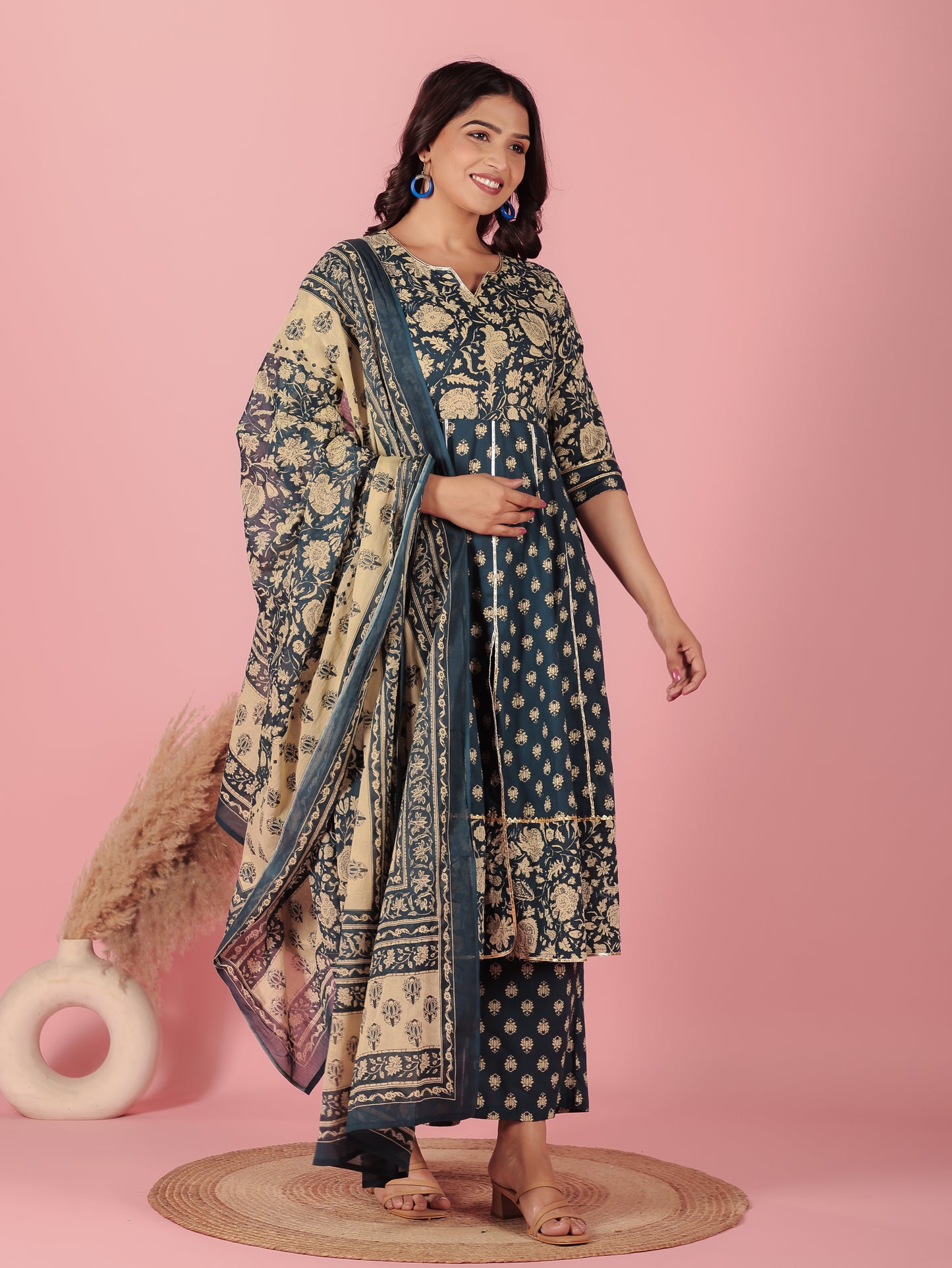 Voile Cotton Floral Blue Dupatta