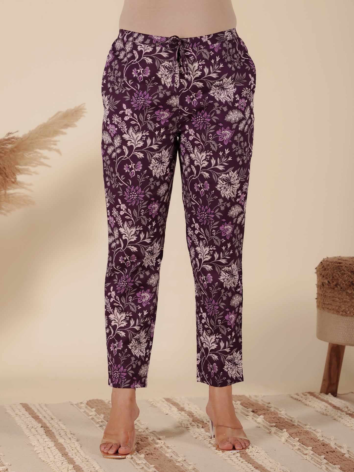 Soft Cotton Floral Purple Tapered Trousers