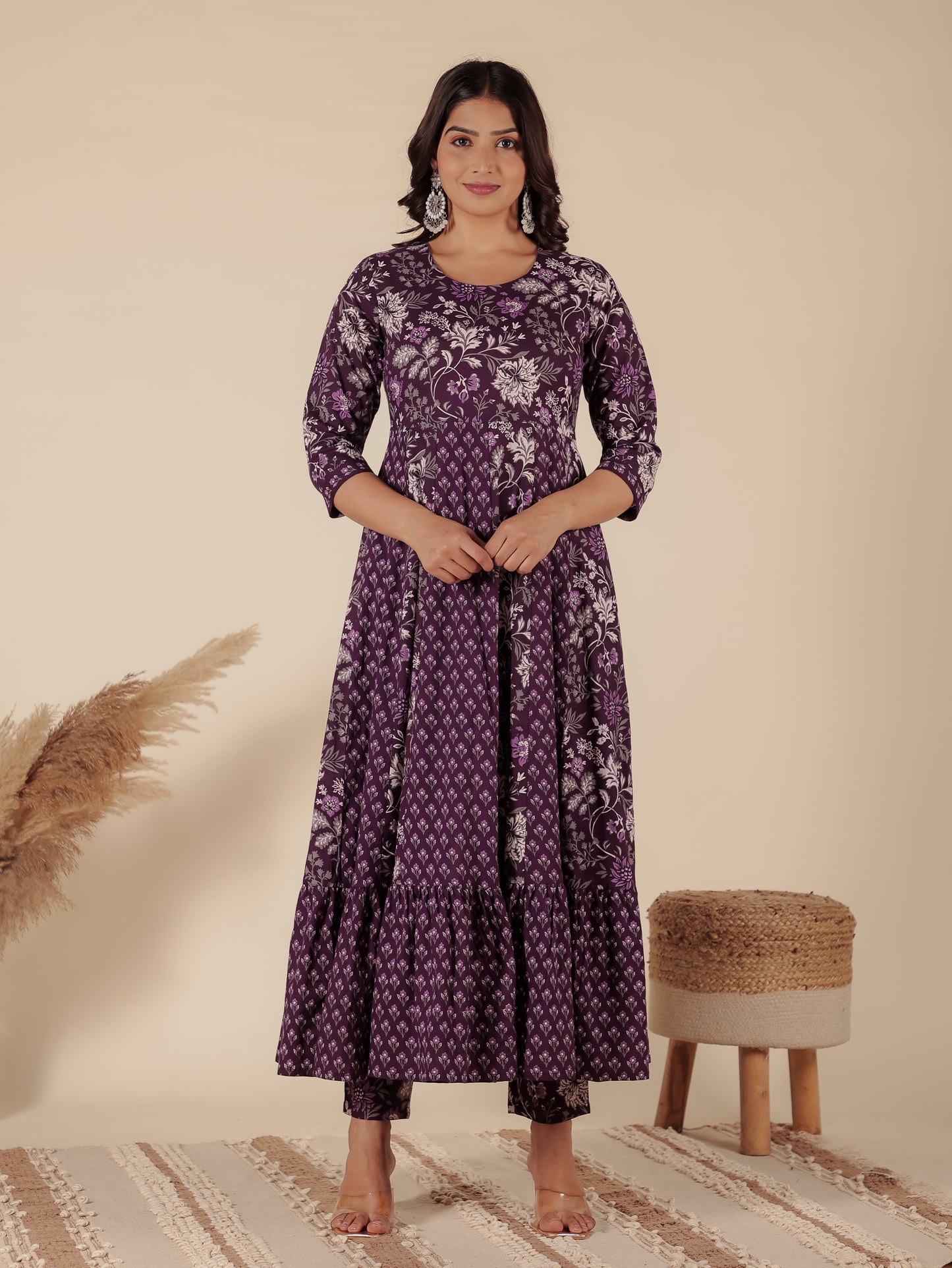 Soft Cotton Floral Anarkali Purple Kurta