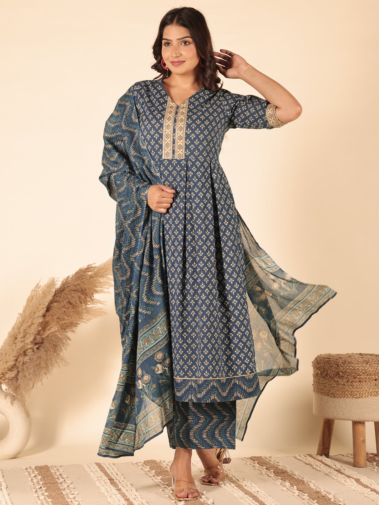 Voile Cotton Chevron Blue Dupatta