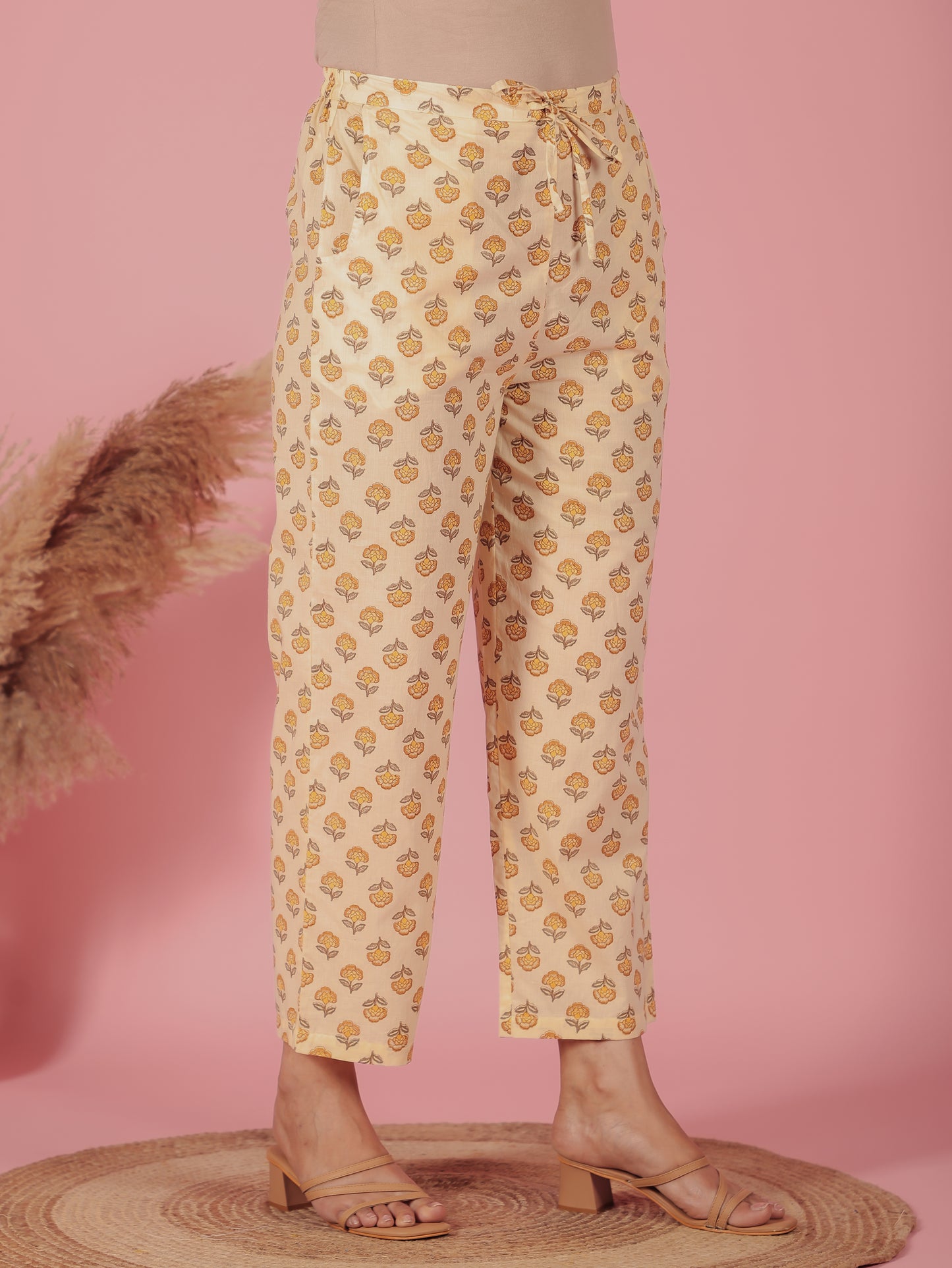 Soft Cotton Block Cream Straight Trousers