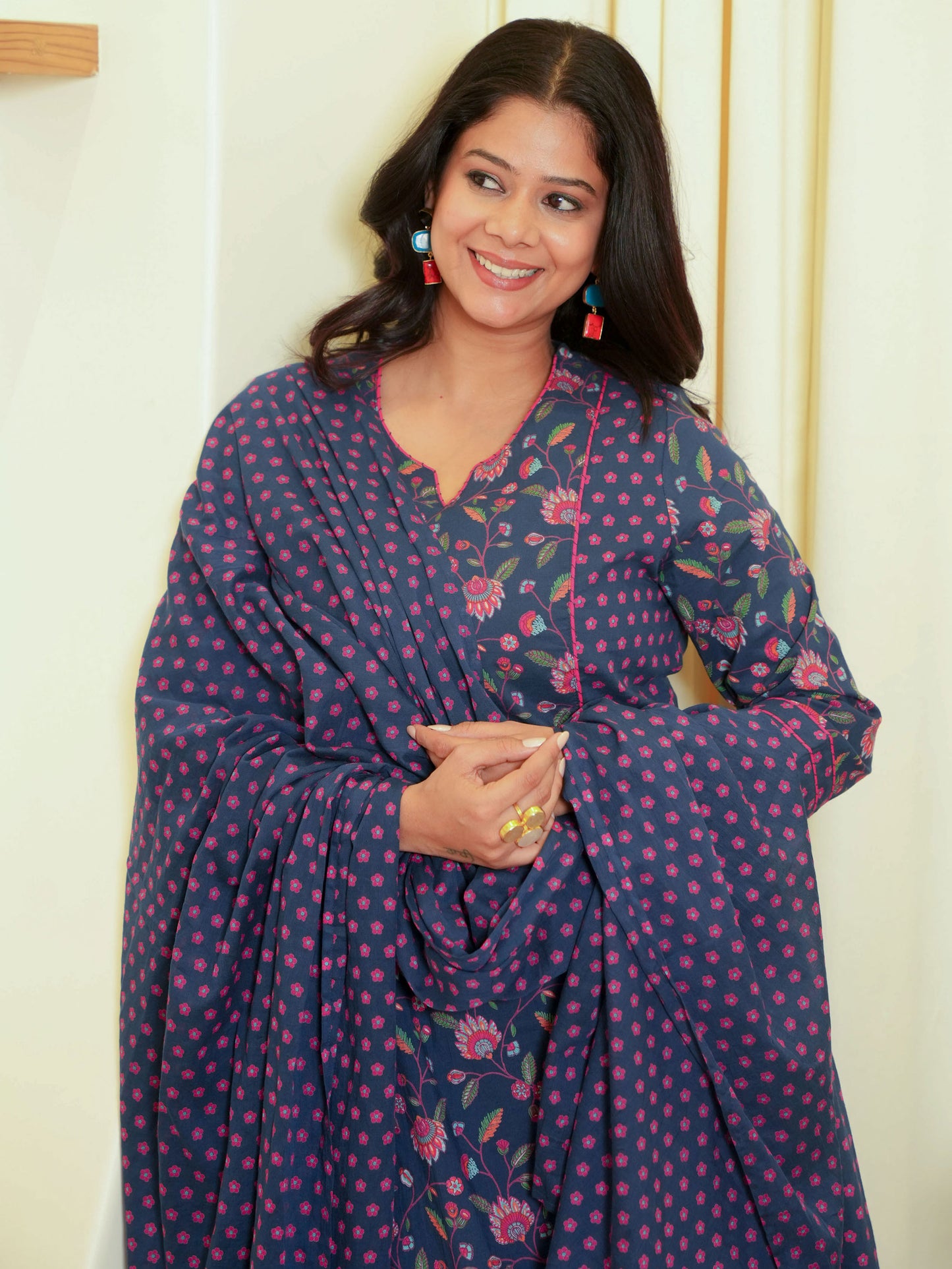 Embroidered Soft Cotton Floral A-line Blue