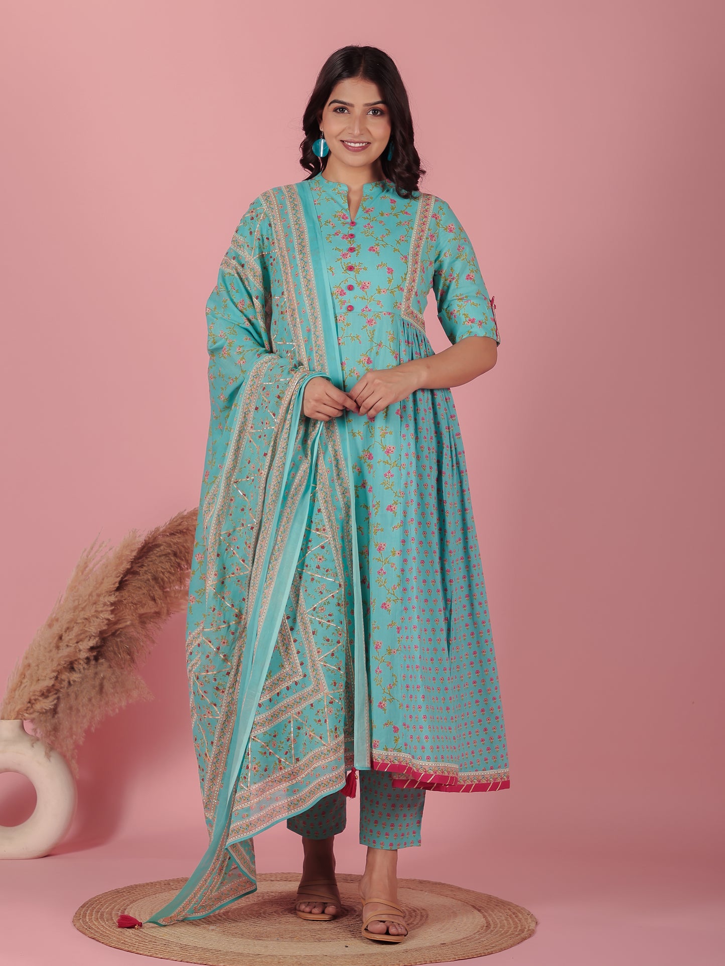 Voile Cotton Floral Turquoise Dupatta