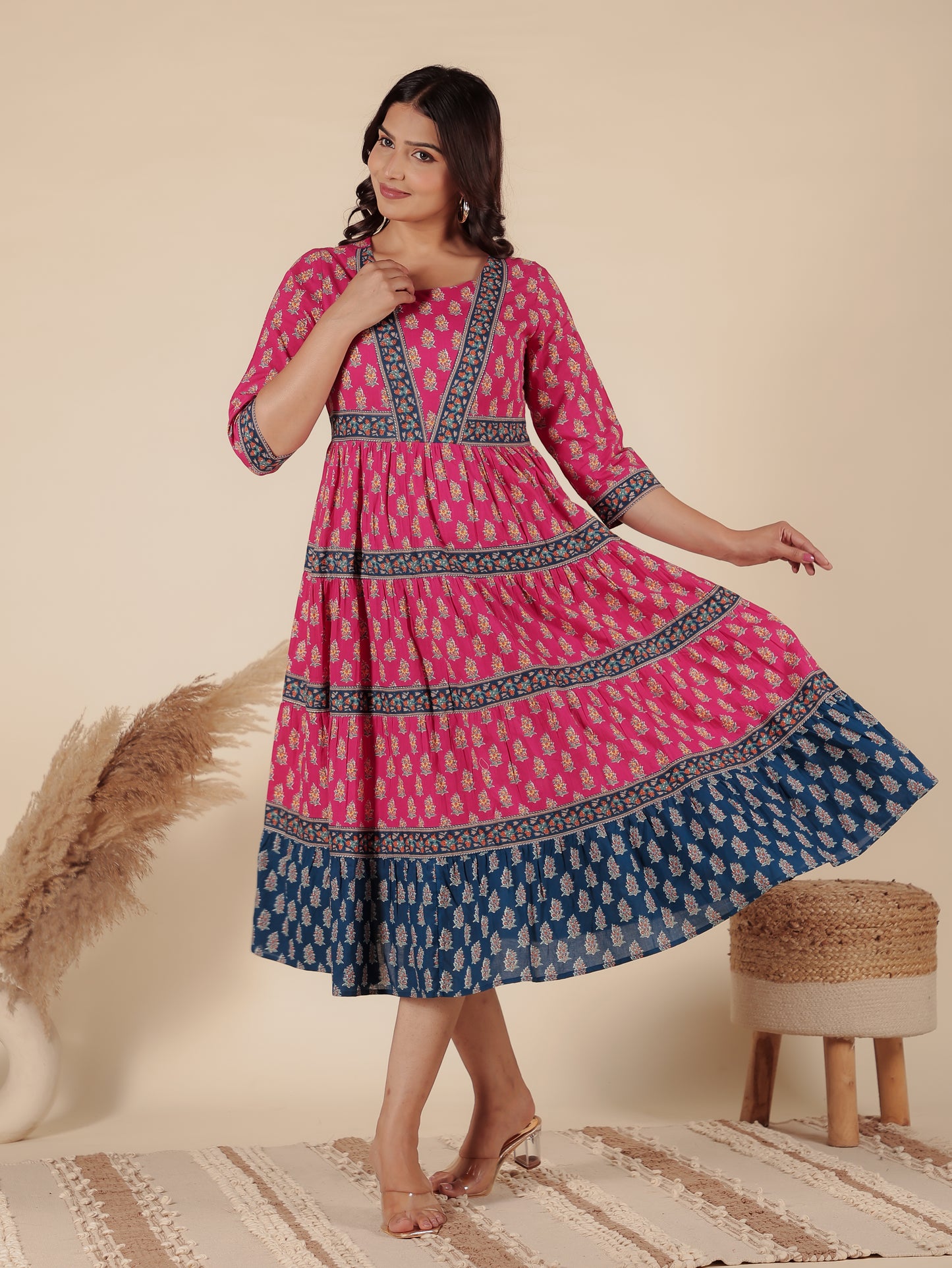 Soft Cotton Block Print Anarkali Pink Dress