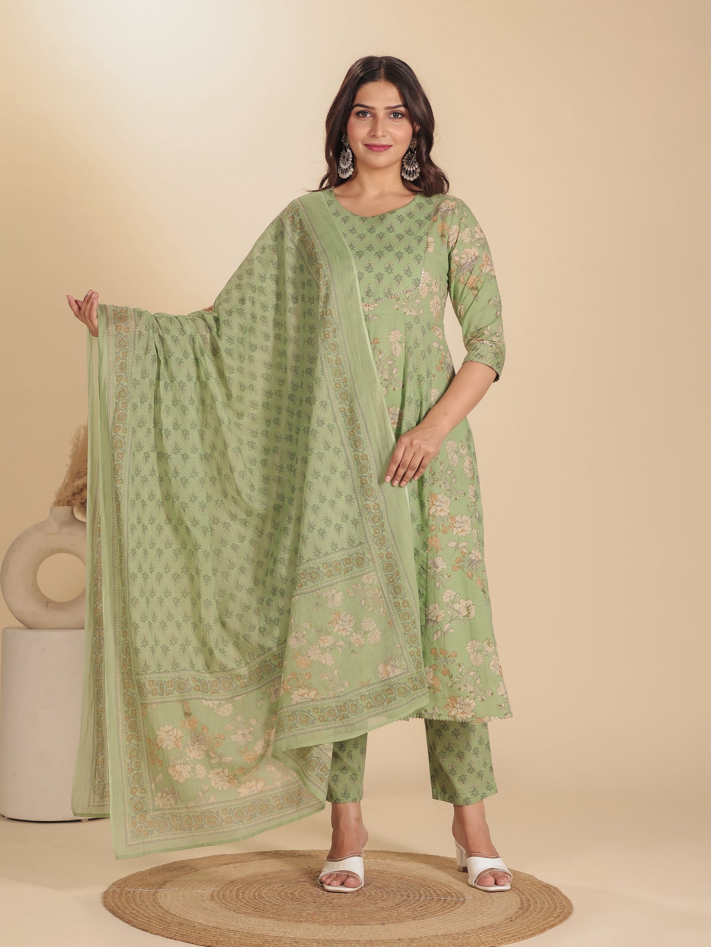 Cotton Voile Block Print Sage Green Dupatta