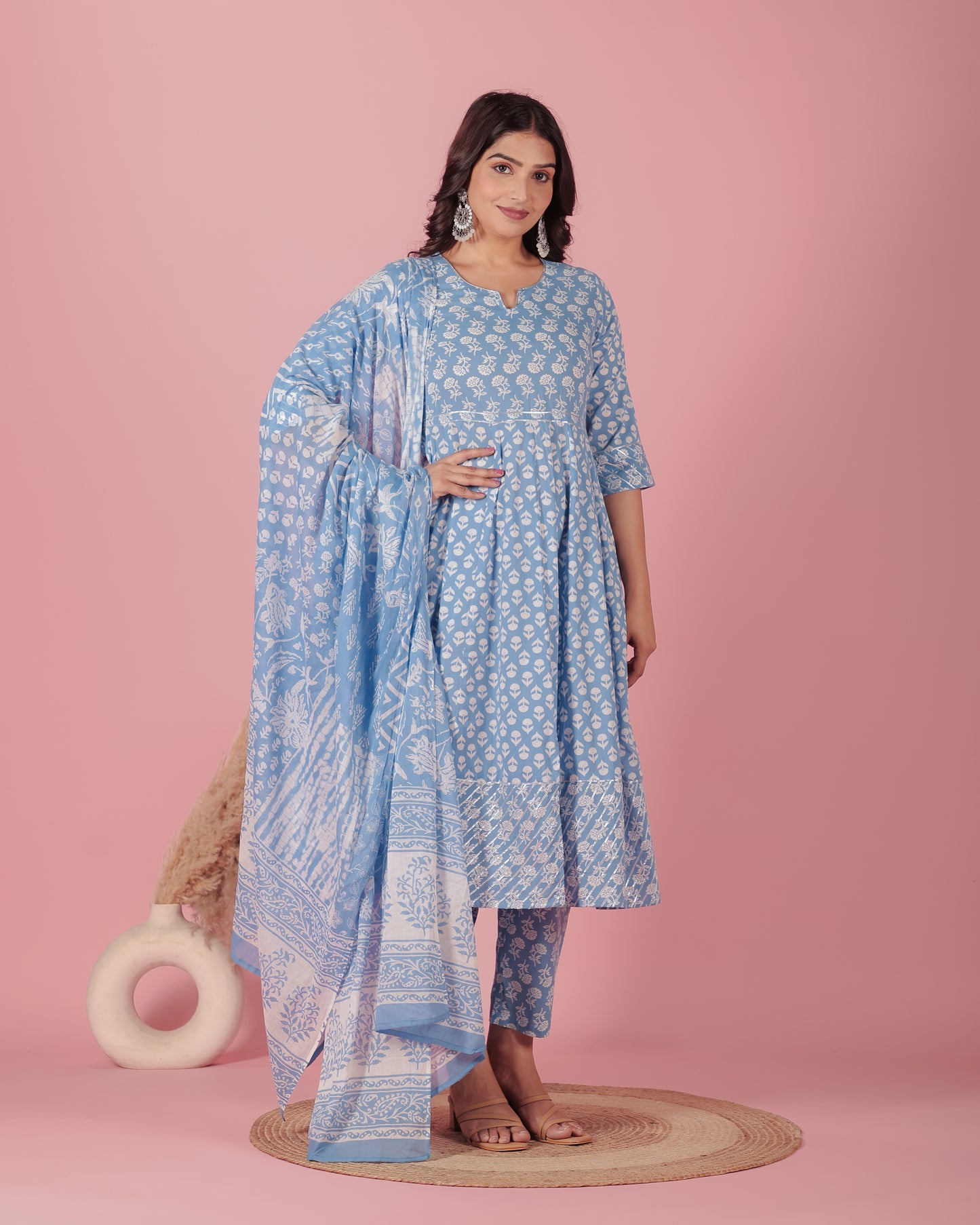 Soft Cotton Butti Anarkali Blue Kurta