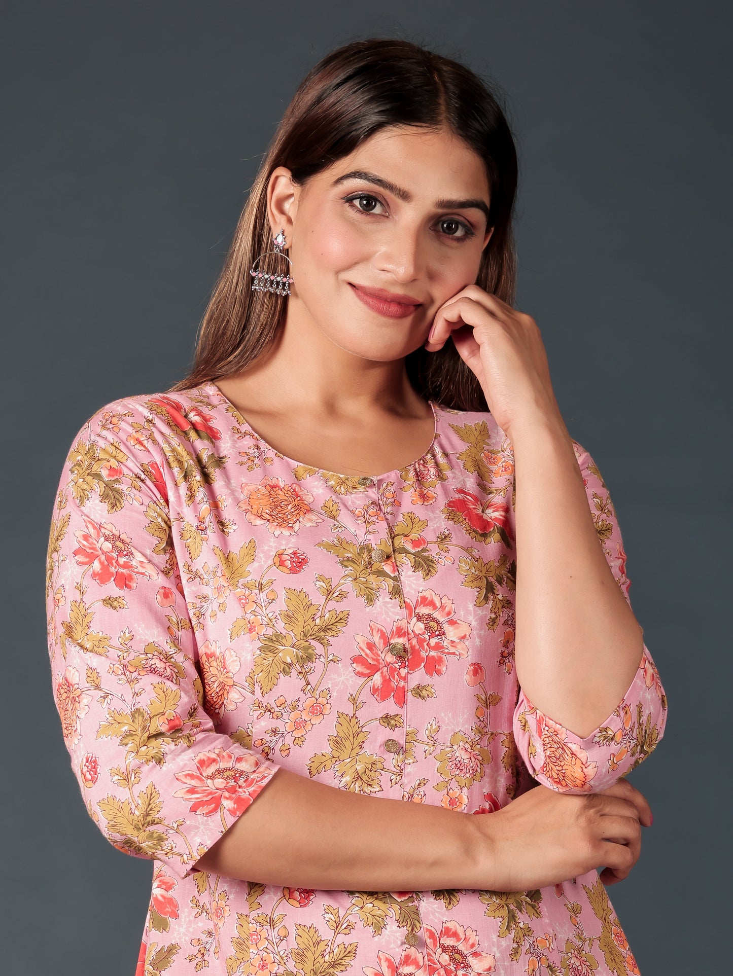 Soft Cotton Floral A-line Pink Kurta