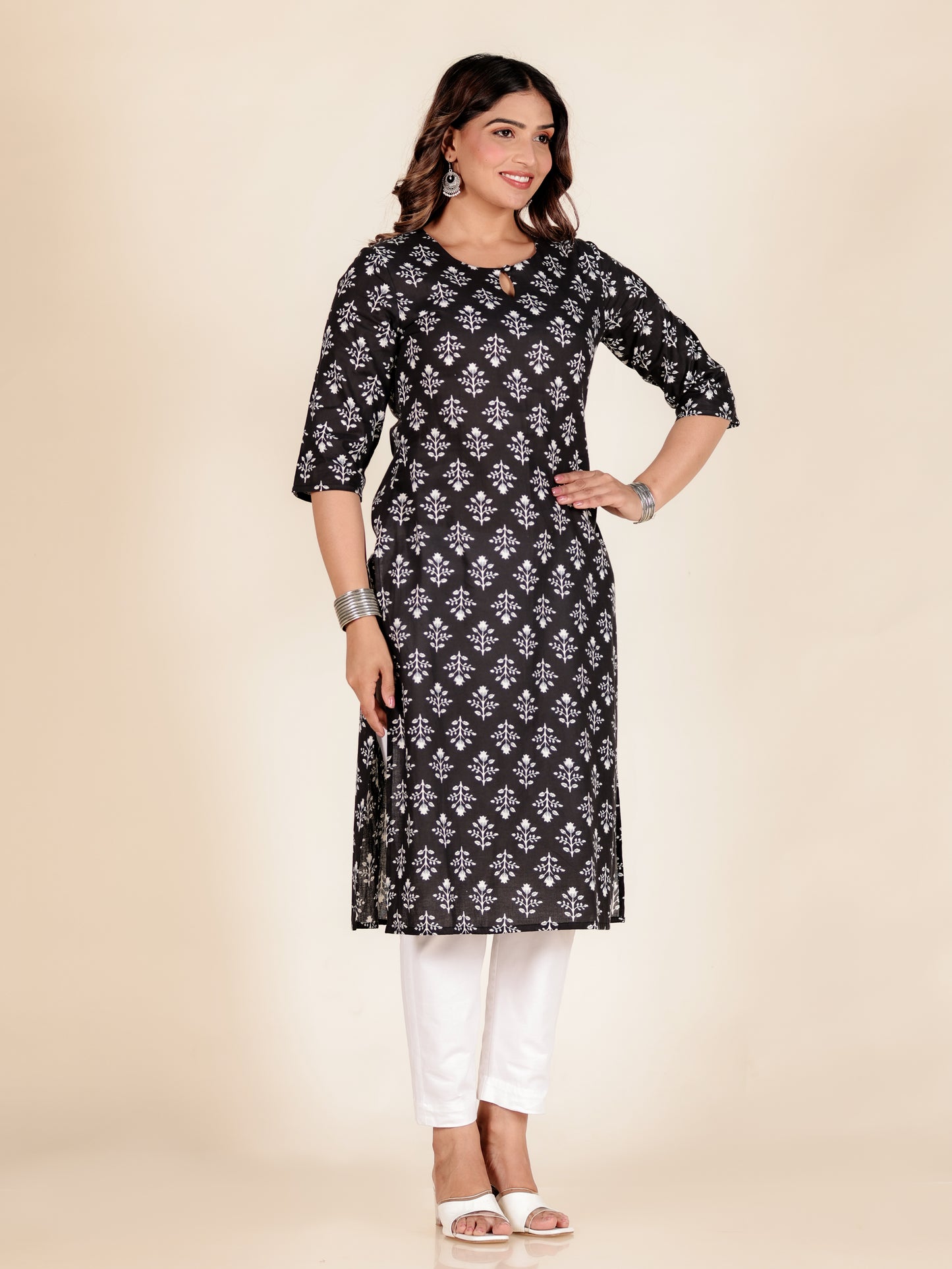 Soft Cotton Floral Straight Black Kurta