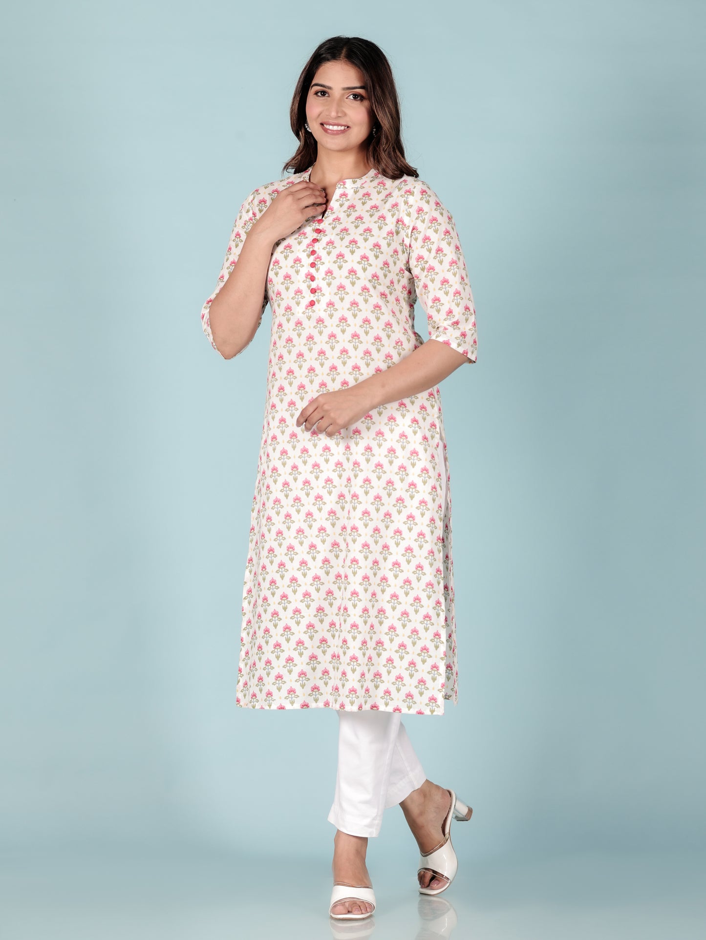 Soft Cotton Floral Straight Pink Kurta