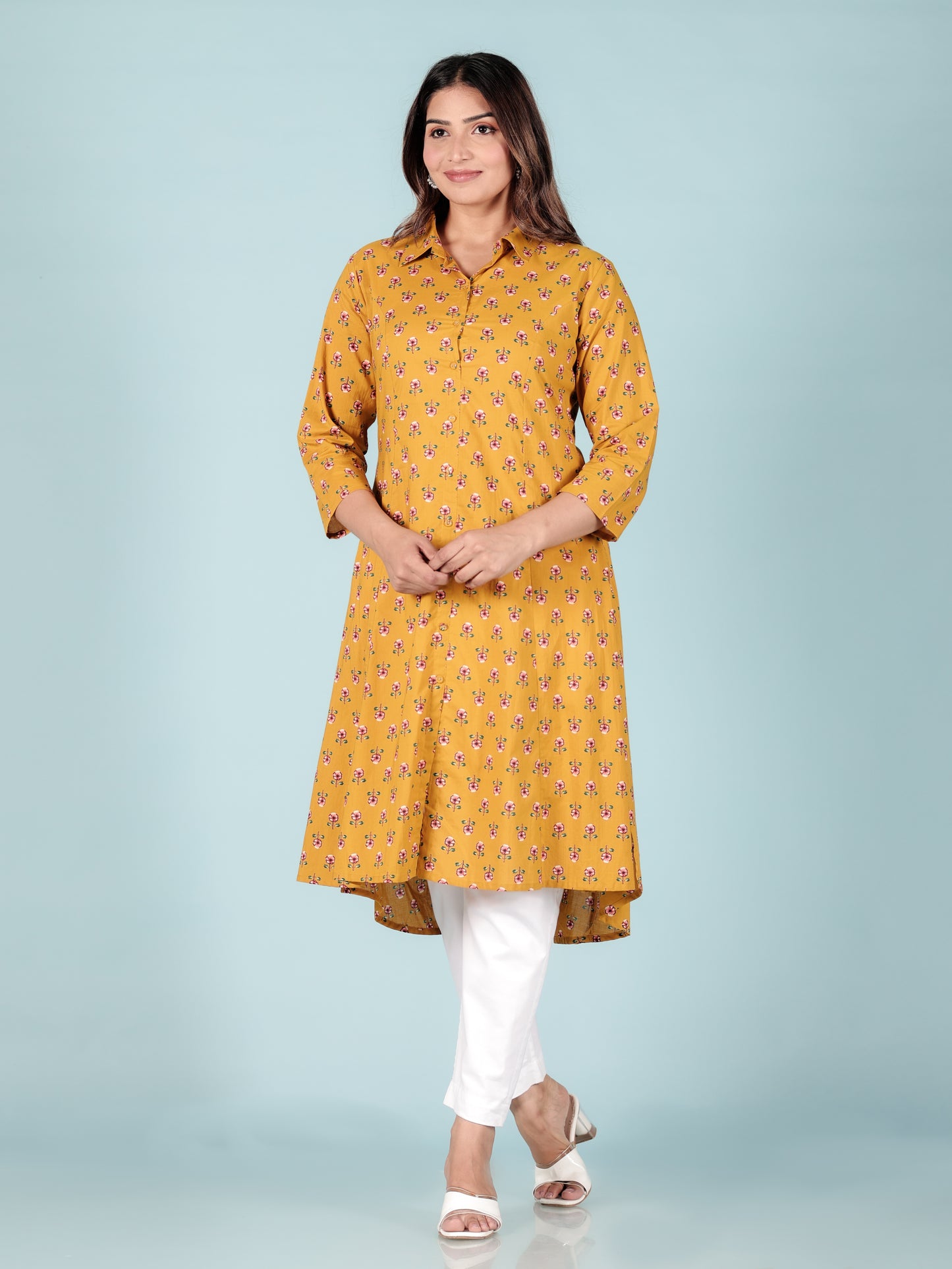Soft Cotton Floral High Low Yellow Kurta