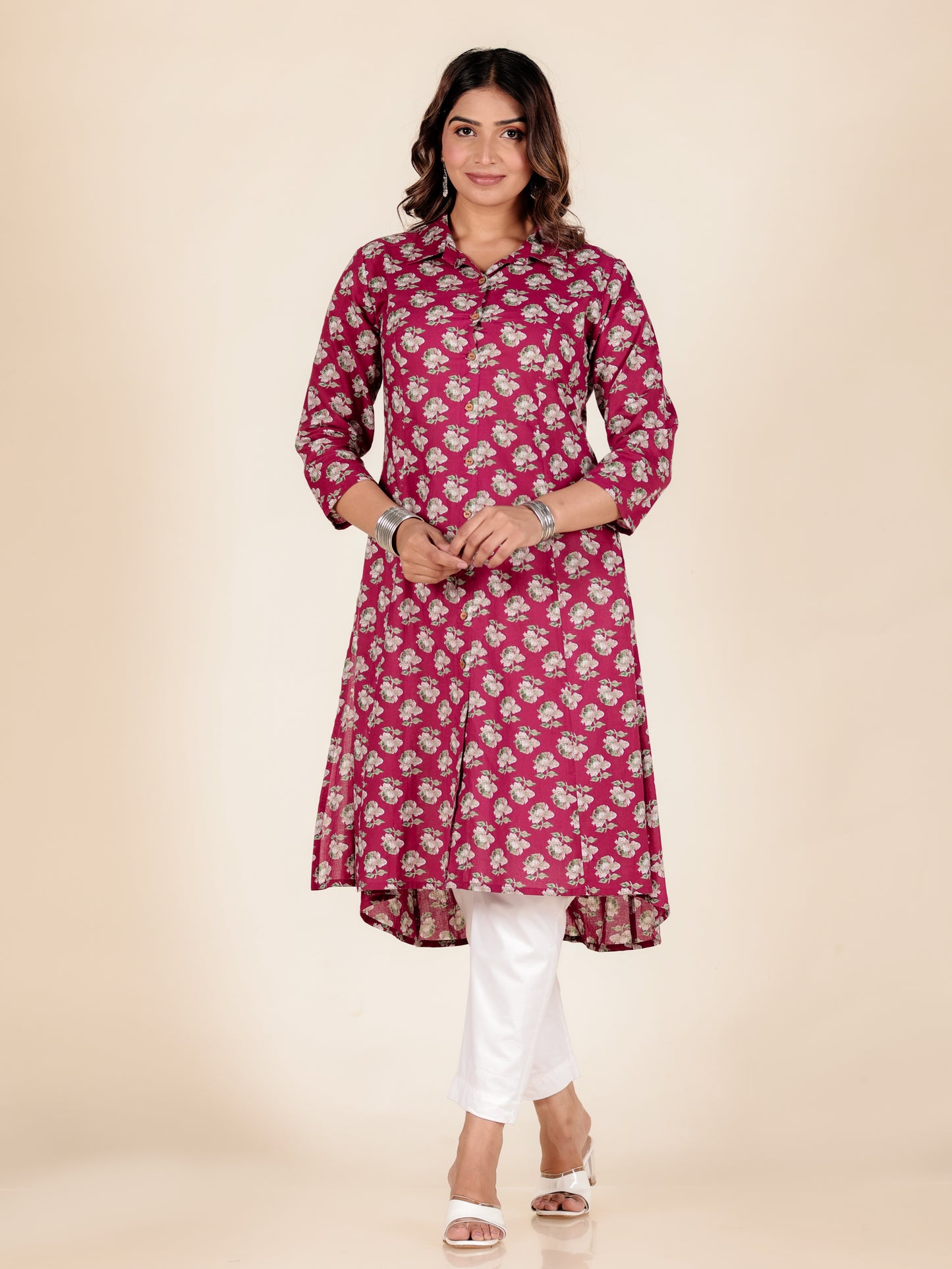 Soft Cotton Floral High Low Pink Kurta