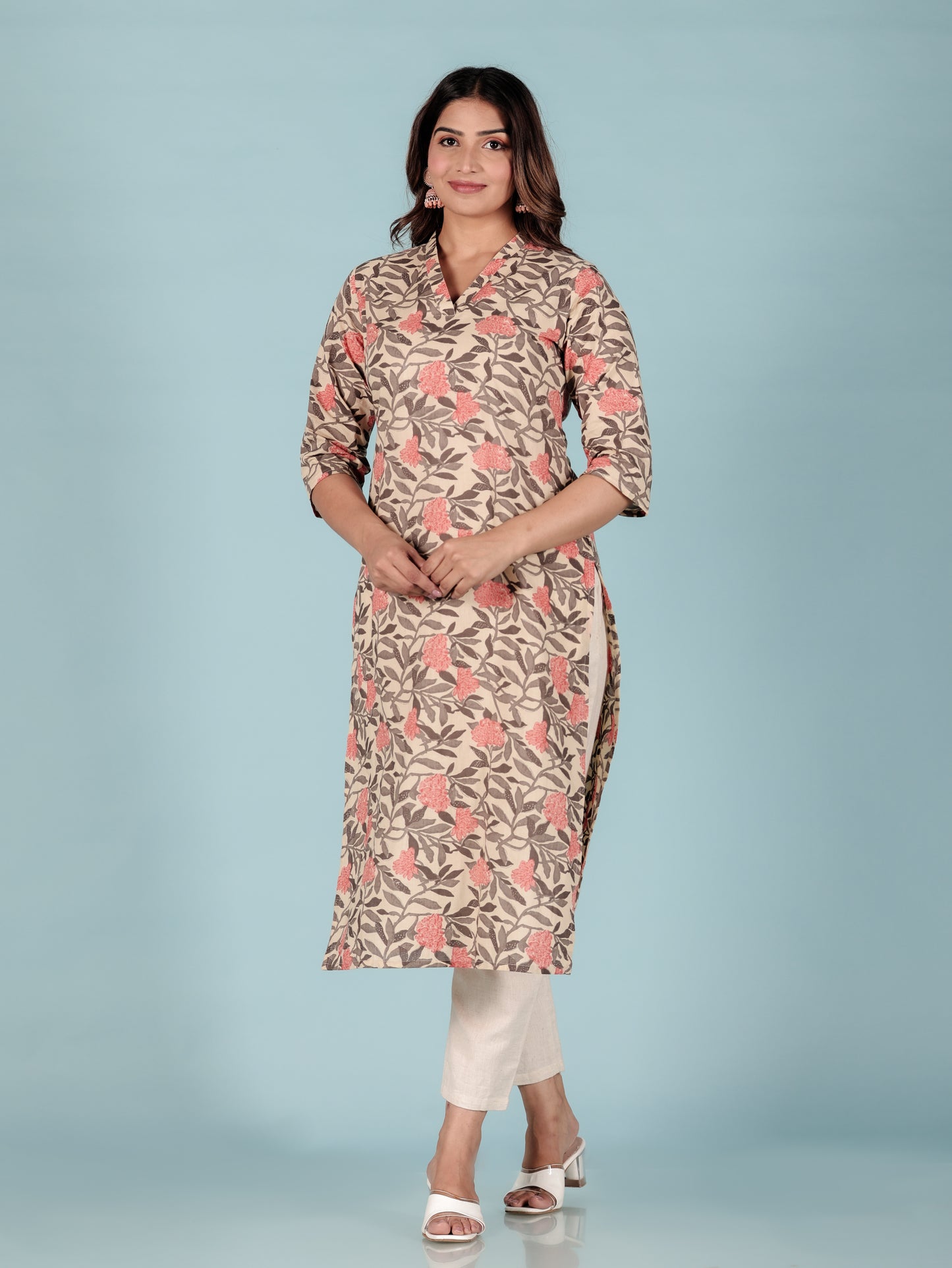 Soft Cotton Floral Straight Off-White Kurta