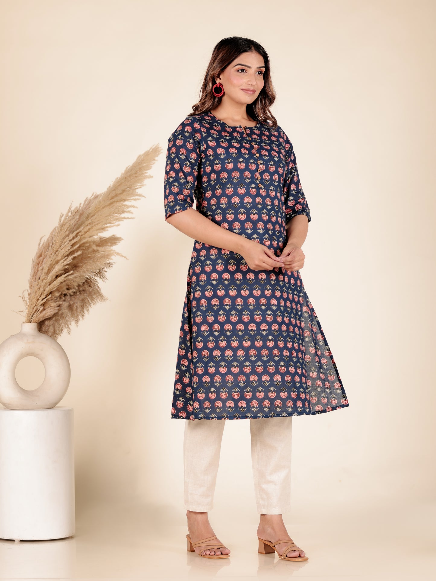 Soft Cotton Floral A-line Blue Kurta