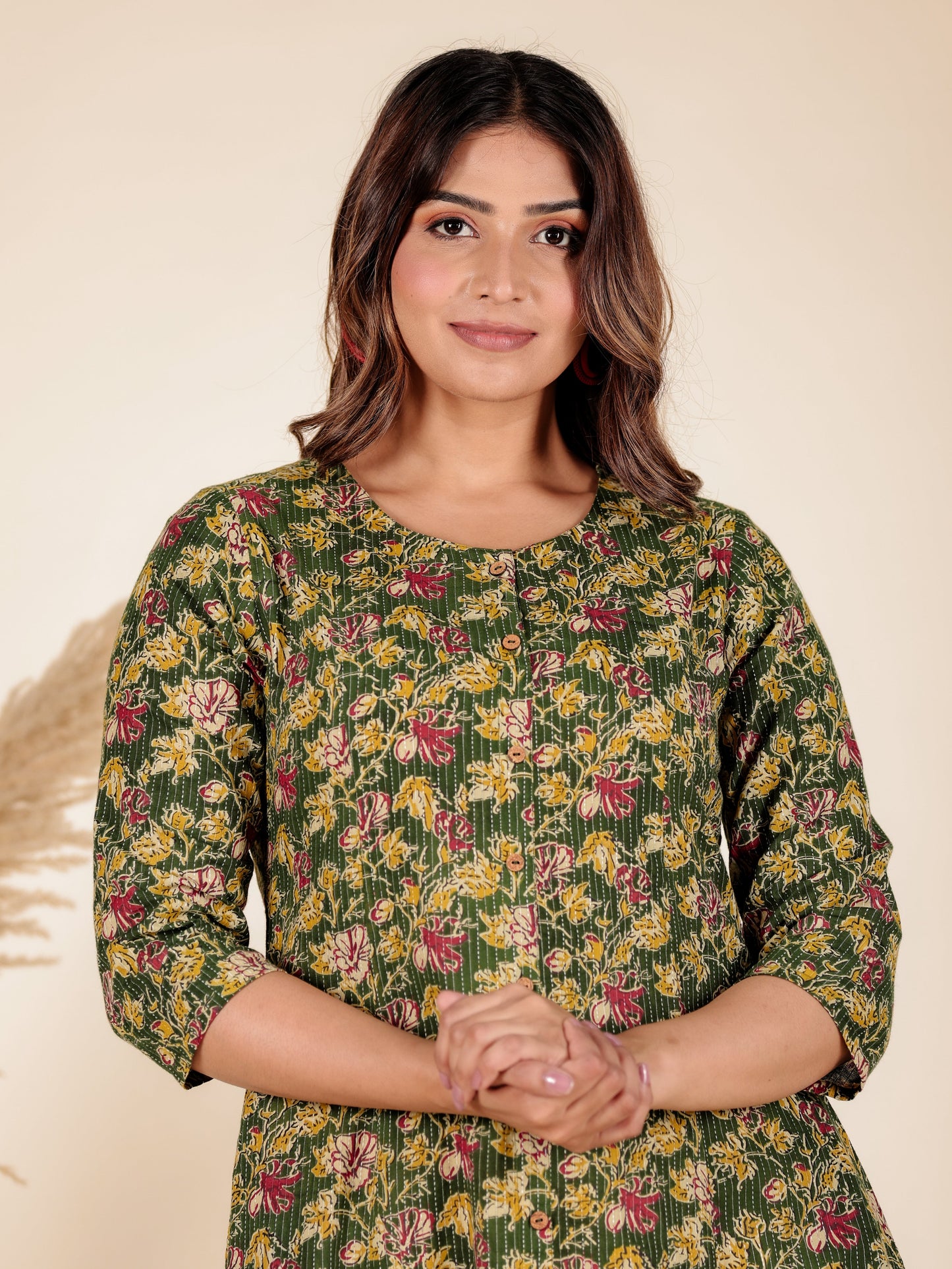 Kantha Cotton Floral A-line Green Kurta