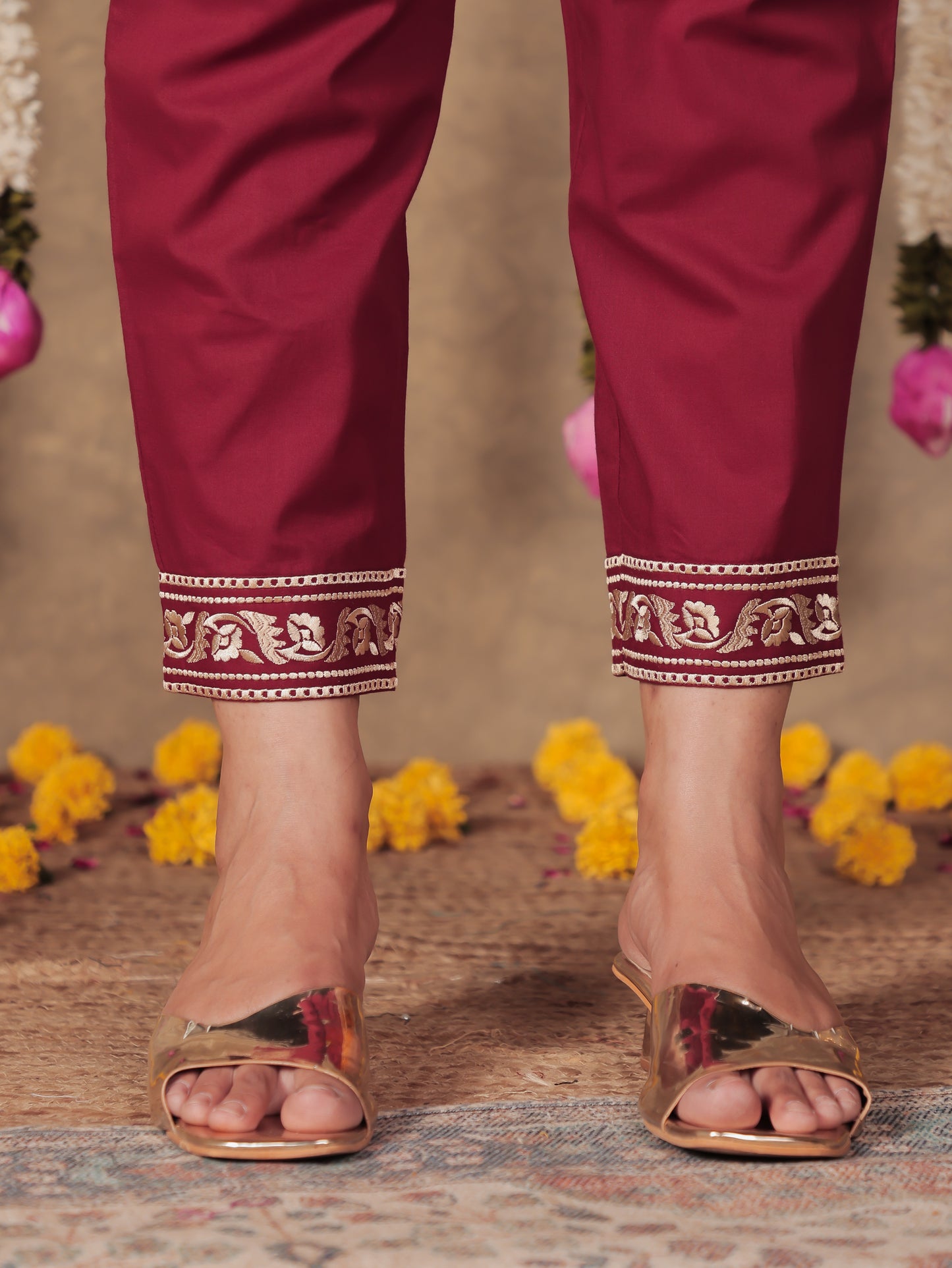 Embroidered Soft Cotton Solid Maroon Tapered Trousers