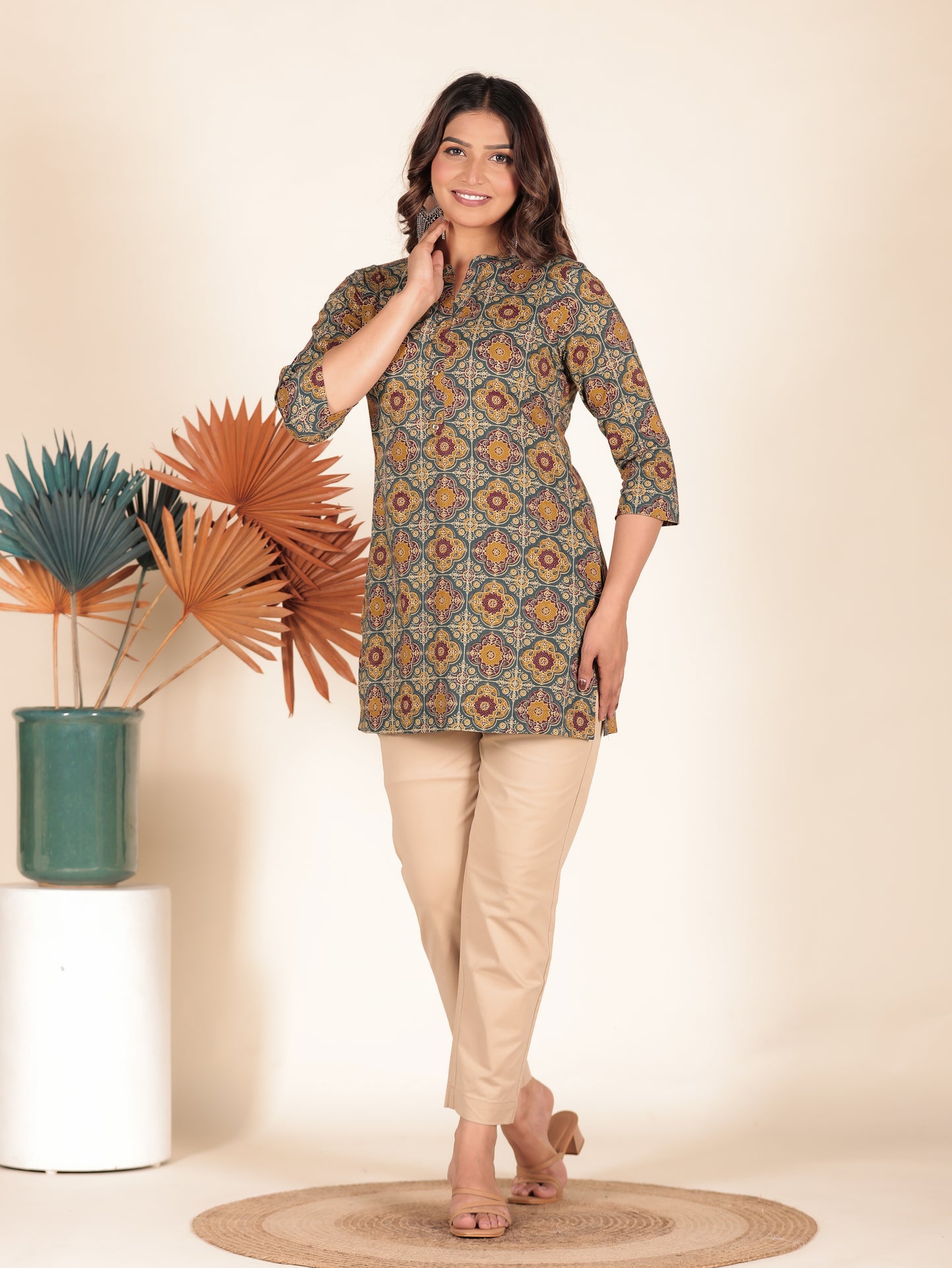 Soft Cotton Geometric Straight Blue Kurta