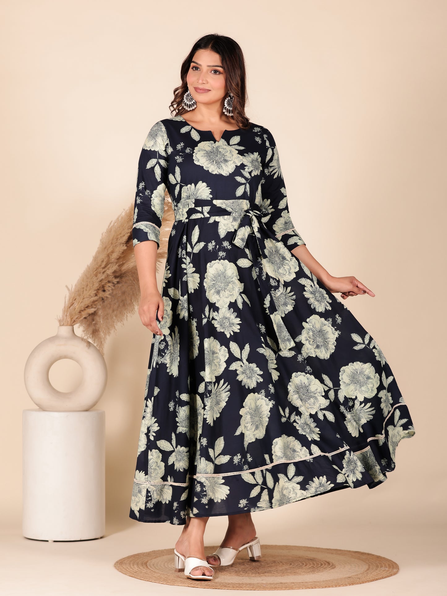 Soft Cotton Floral Anarkali Blue Dress (With Belt)