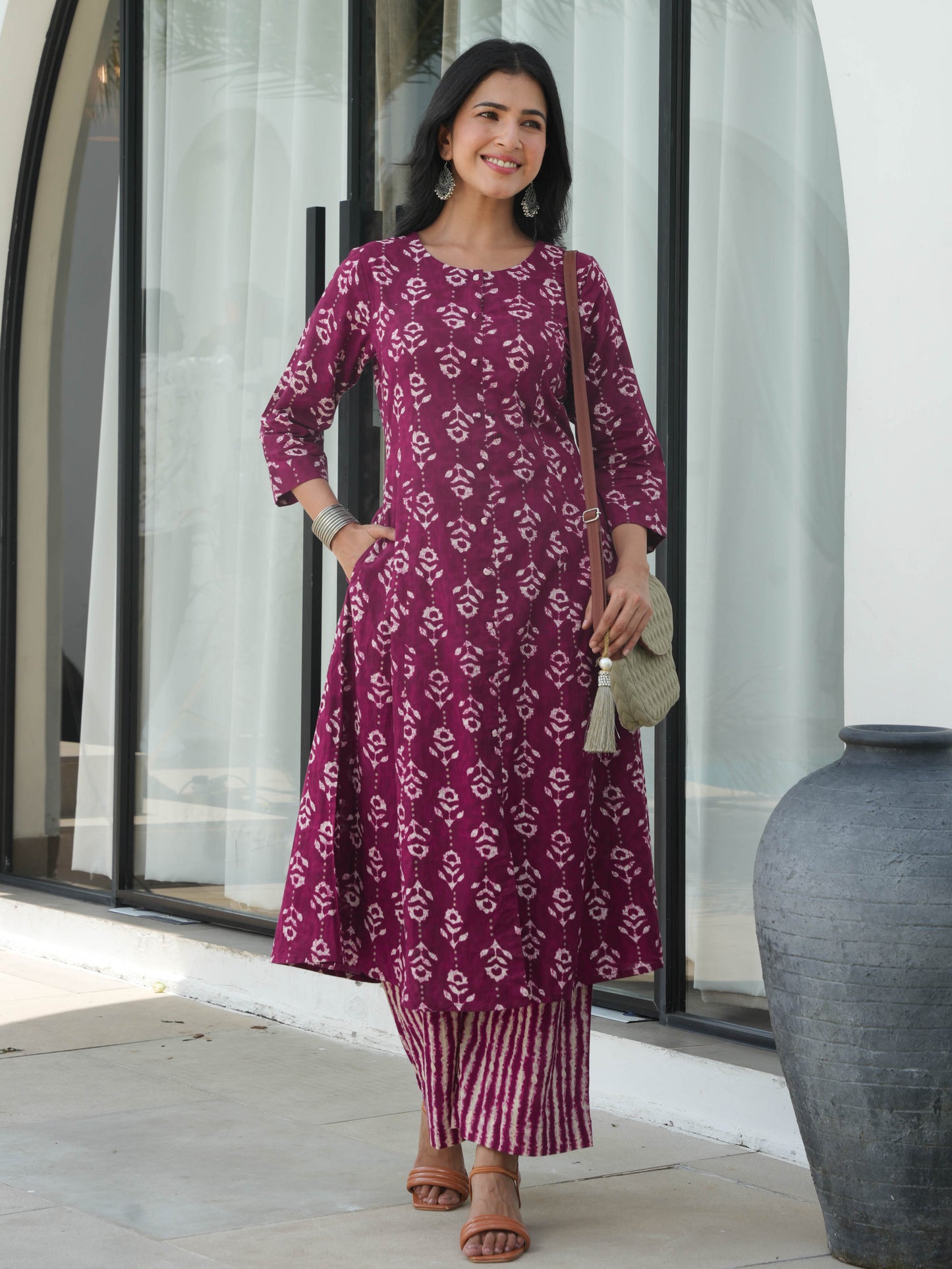 Soft Cotton Abstract Flared Purple Kurta