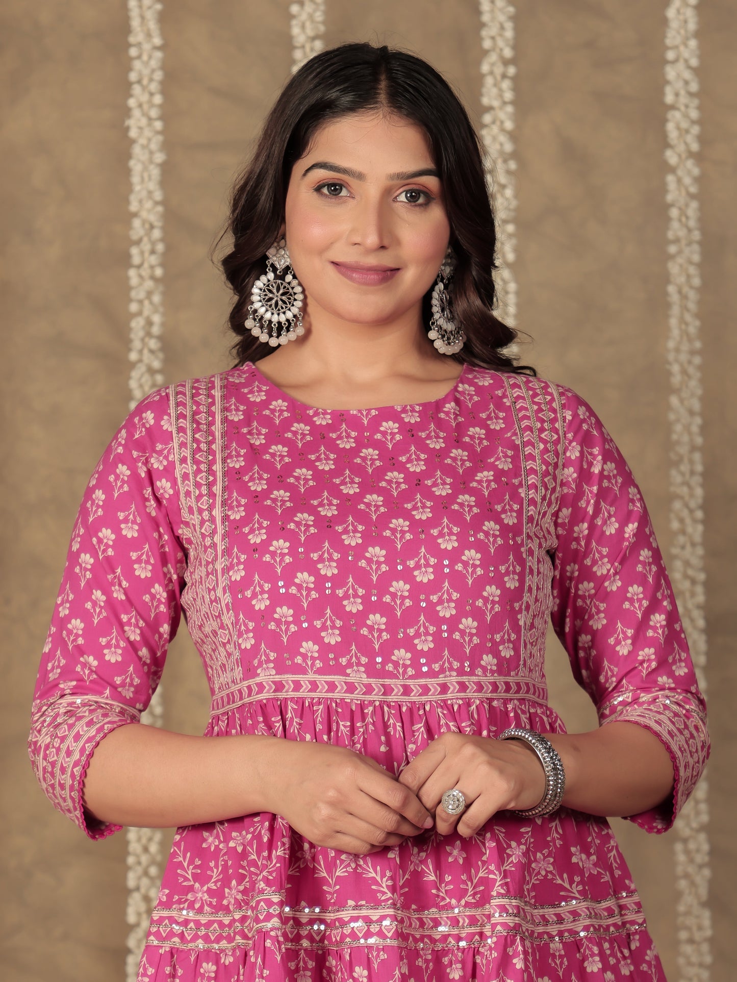 Soft Cotton Floral Anarkali Pink Kurta