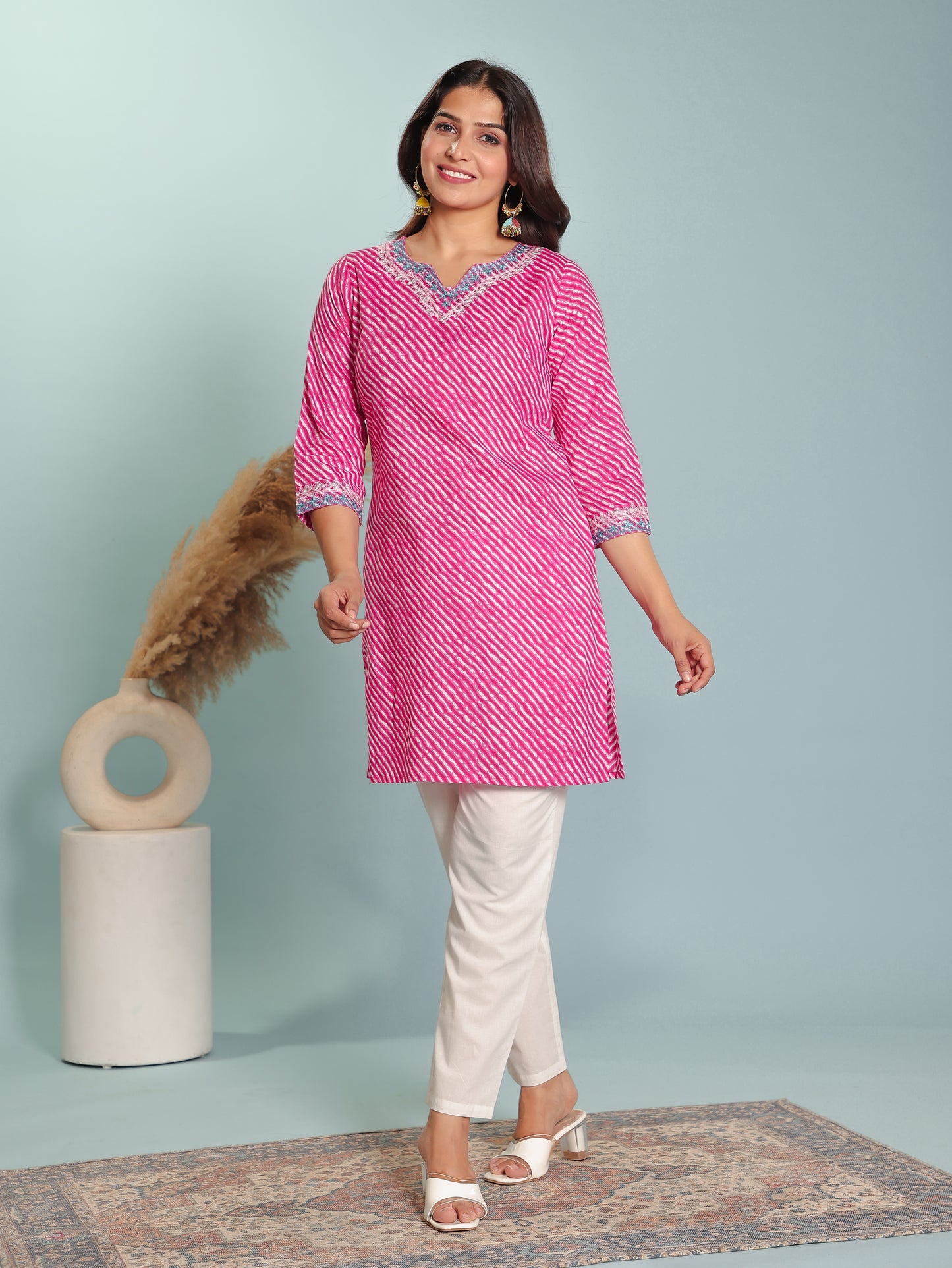 Soft Cotton Leheriya Straight Pink Kurti